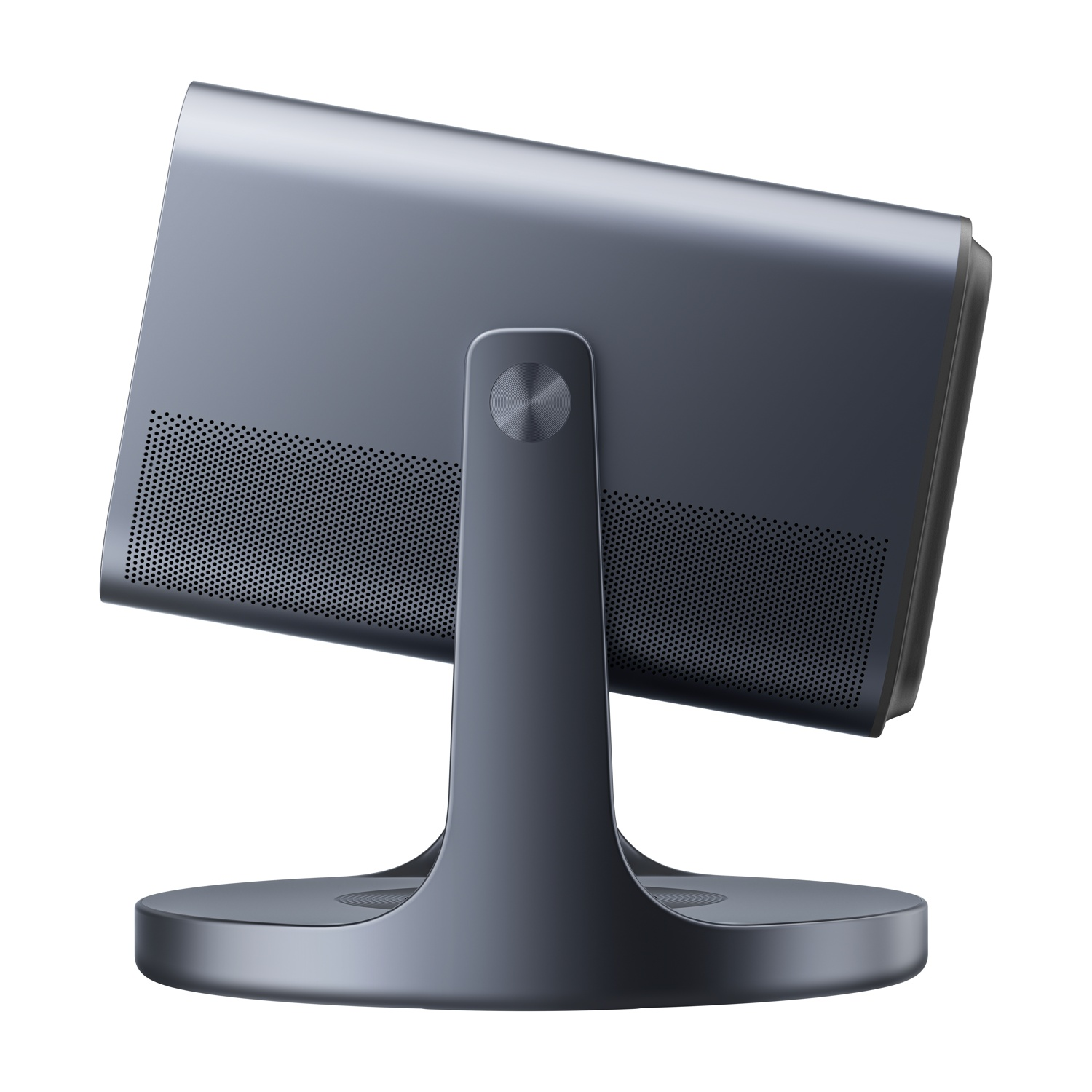 Un monitor per computer grigio su un supporto grigio, inclinato all'indietro, isolato su bianco.