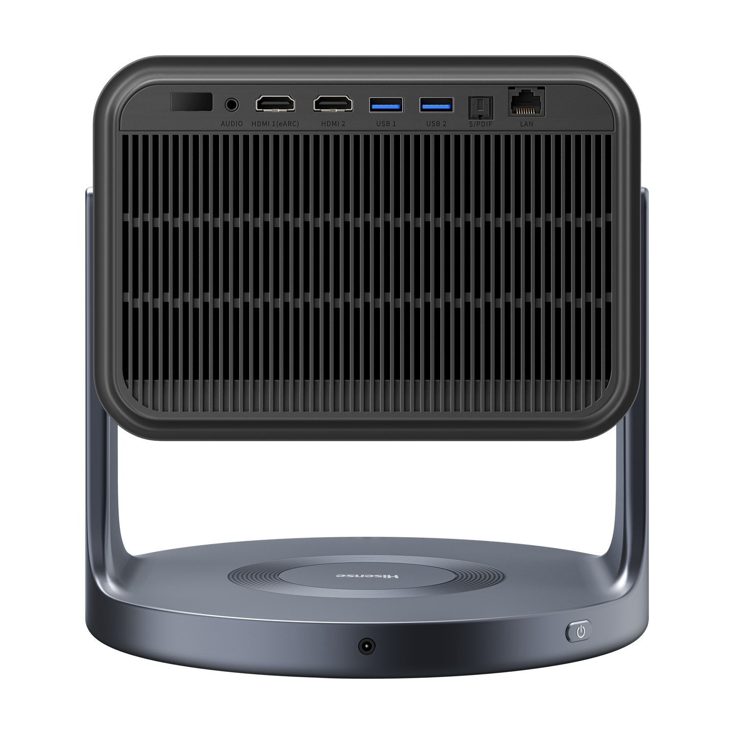Il retro di un proiettore Hisense nero con porte, una griglia e un supporto argentato.