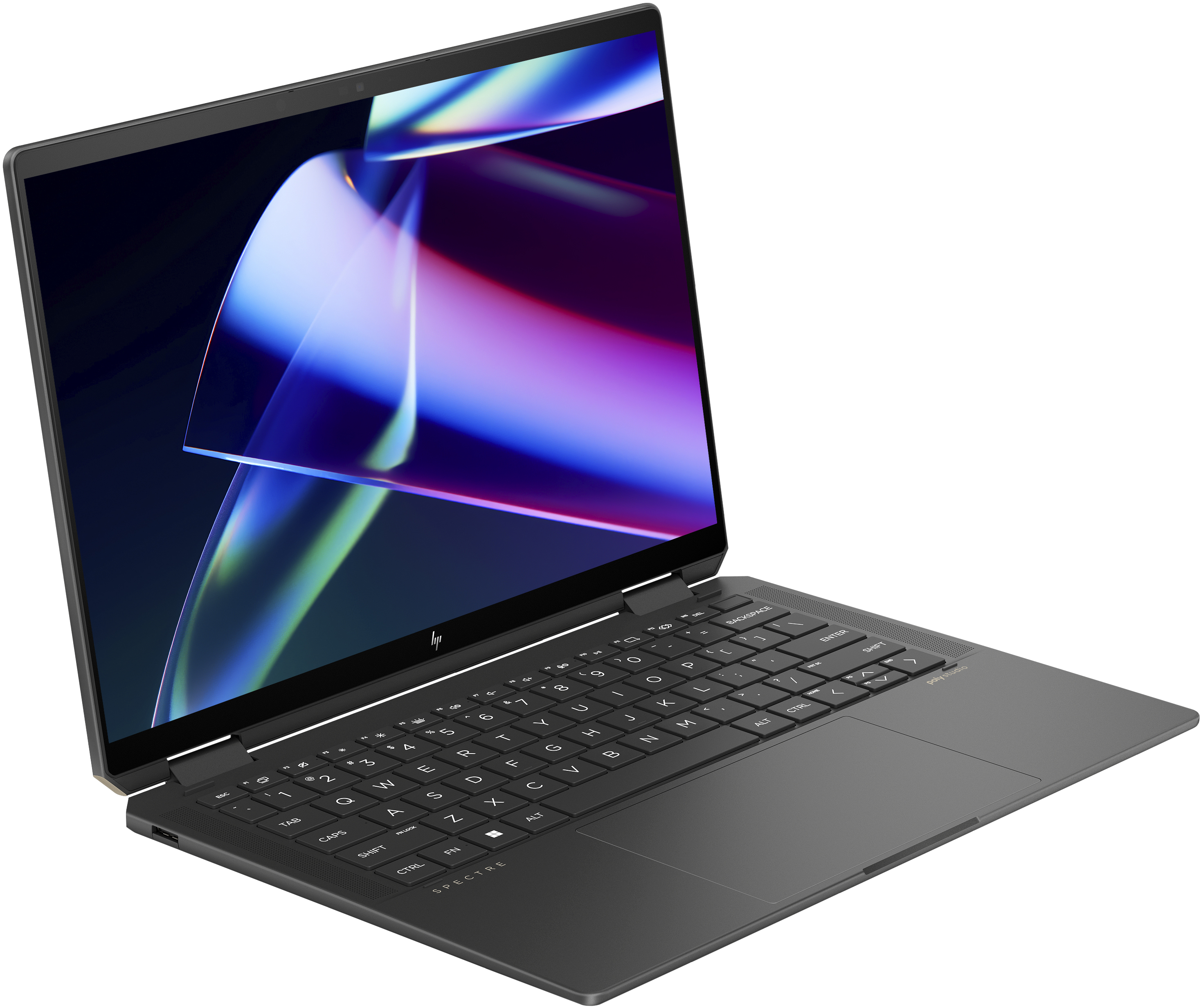 Egy ezüstszínű HP Spectre laptop nyitva, szögben, fényes képernyővel.