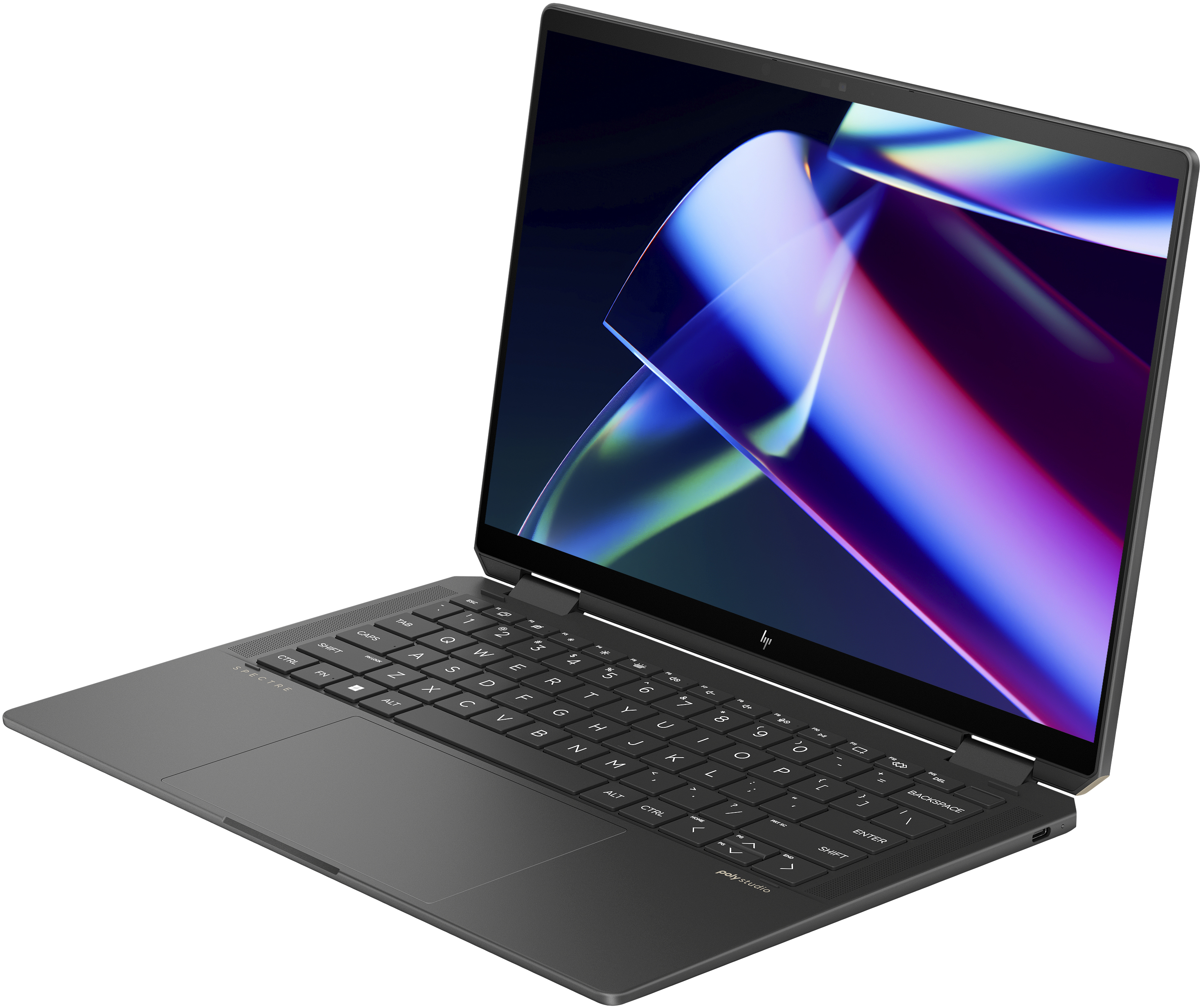 Ezüst HP Spectre laptop nyitva, absztrakt dizájnnal a képernyőn, fehér felületen.