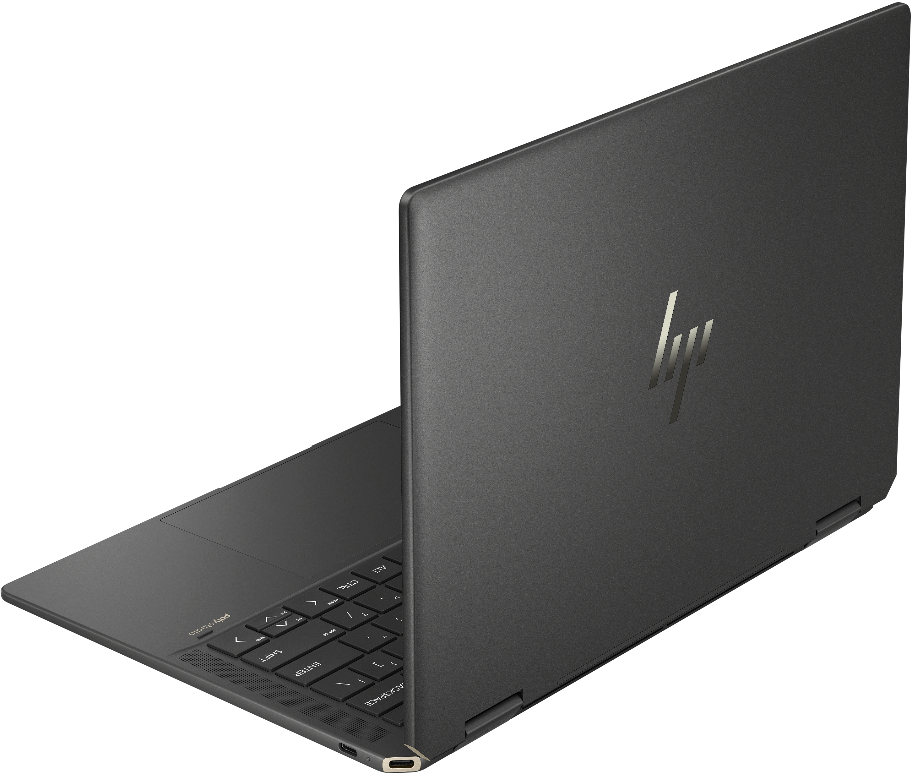 Sötétszürke laptop, szögben nyitva. Hátsó oldal, látható logóval.