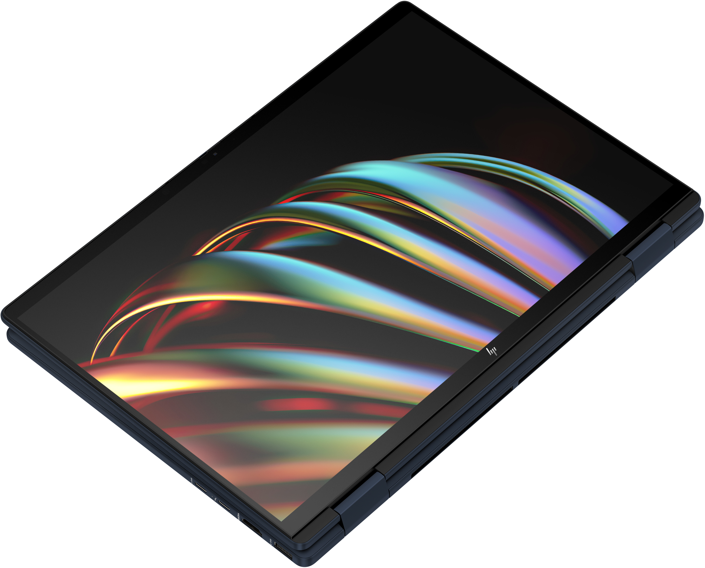 Fekete HP laptop színes képernyővel, szögben nyitva.