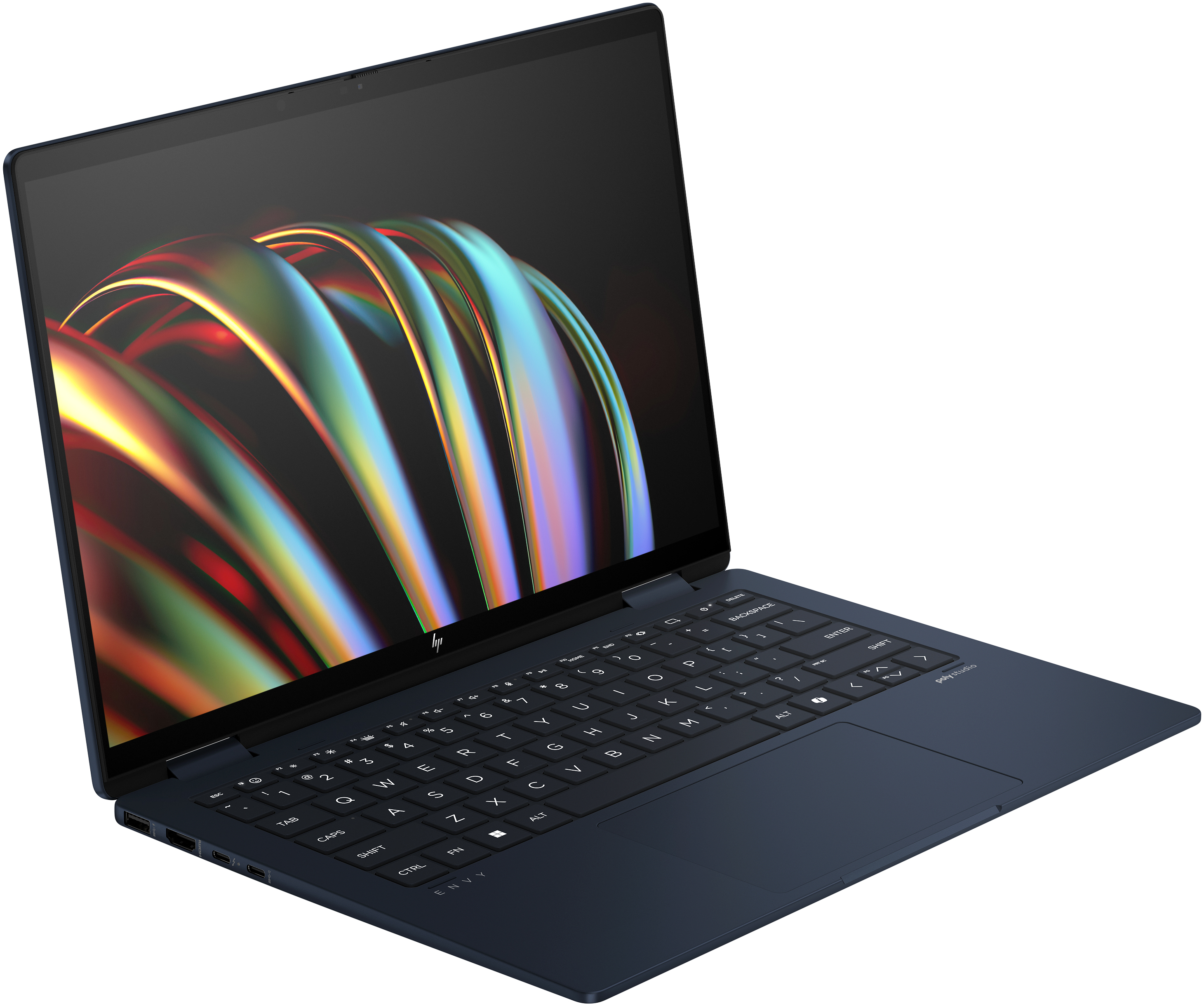 Egy nyitott, sötétkék laptop színes grafikákkal, fekete billentyűzettel.