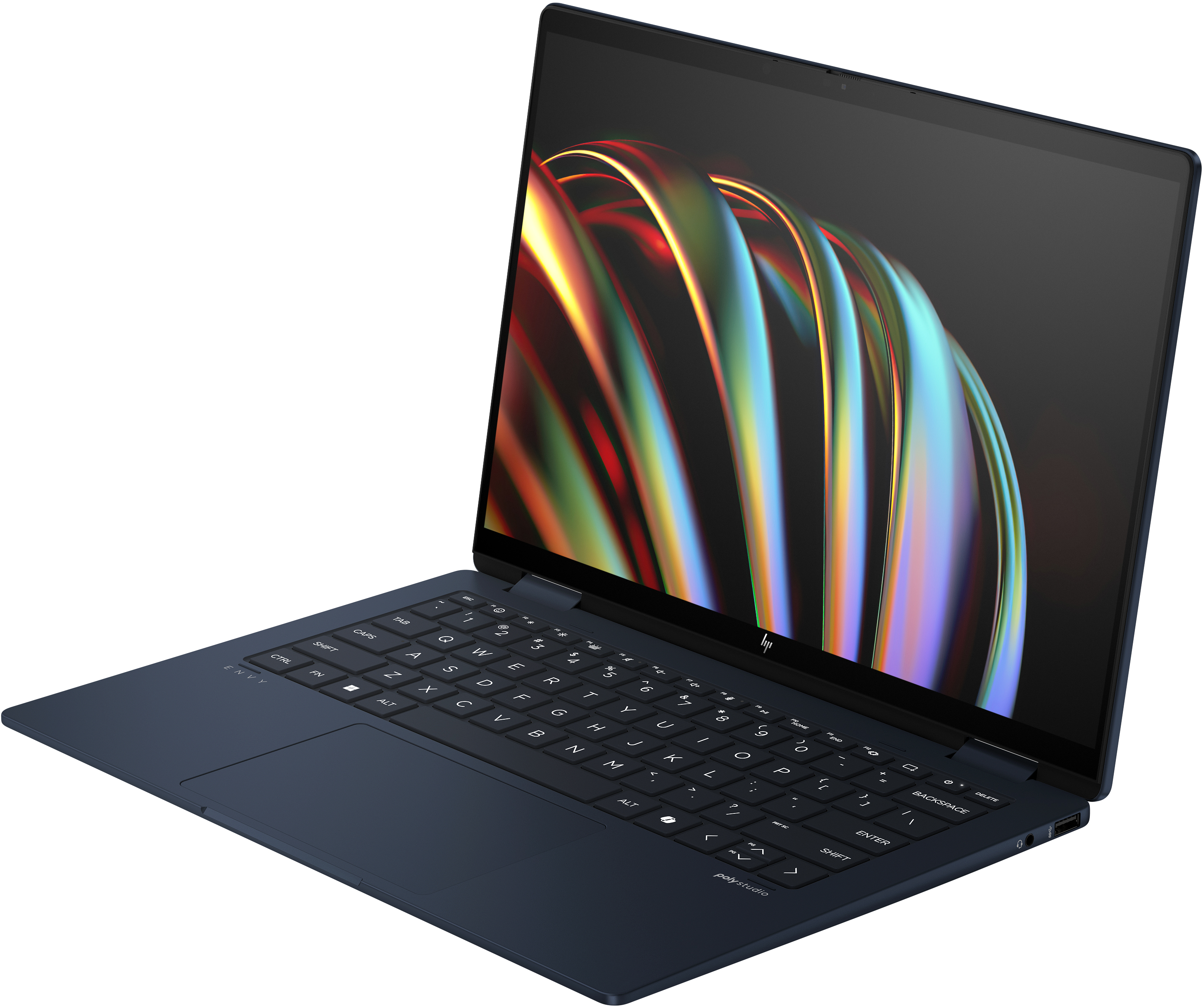 Sötétkék laptop, nyitva, fehér felületen, billentyűzettel és képernyővel.