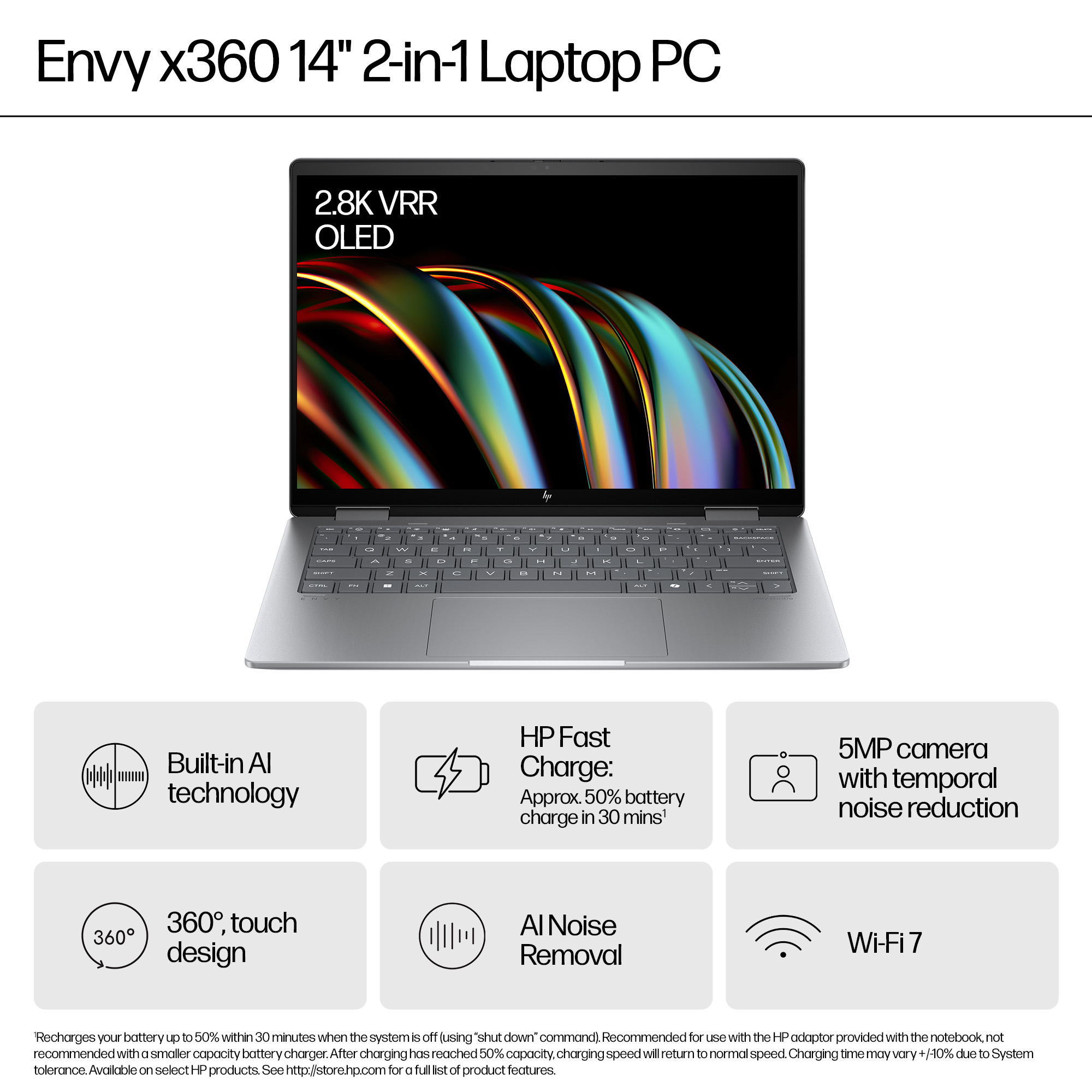 Ezüst laptop ikonokkal és szöveggel a funkcióiról. Fehér háttér.
