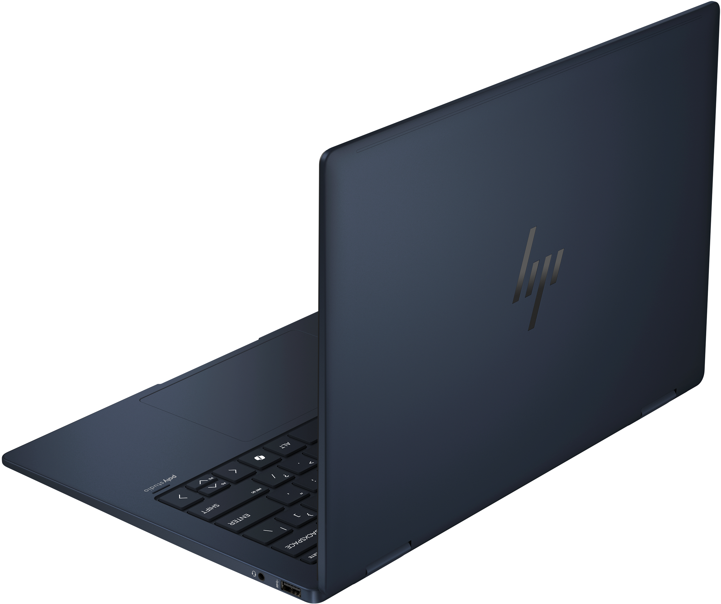 Egy sötétkék laptop egy szögből, amely a billentyűzetet, a touchpadet és a HP logót mutatja.