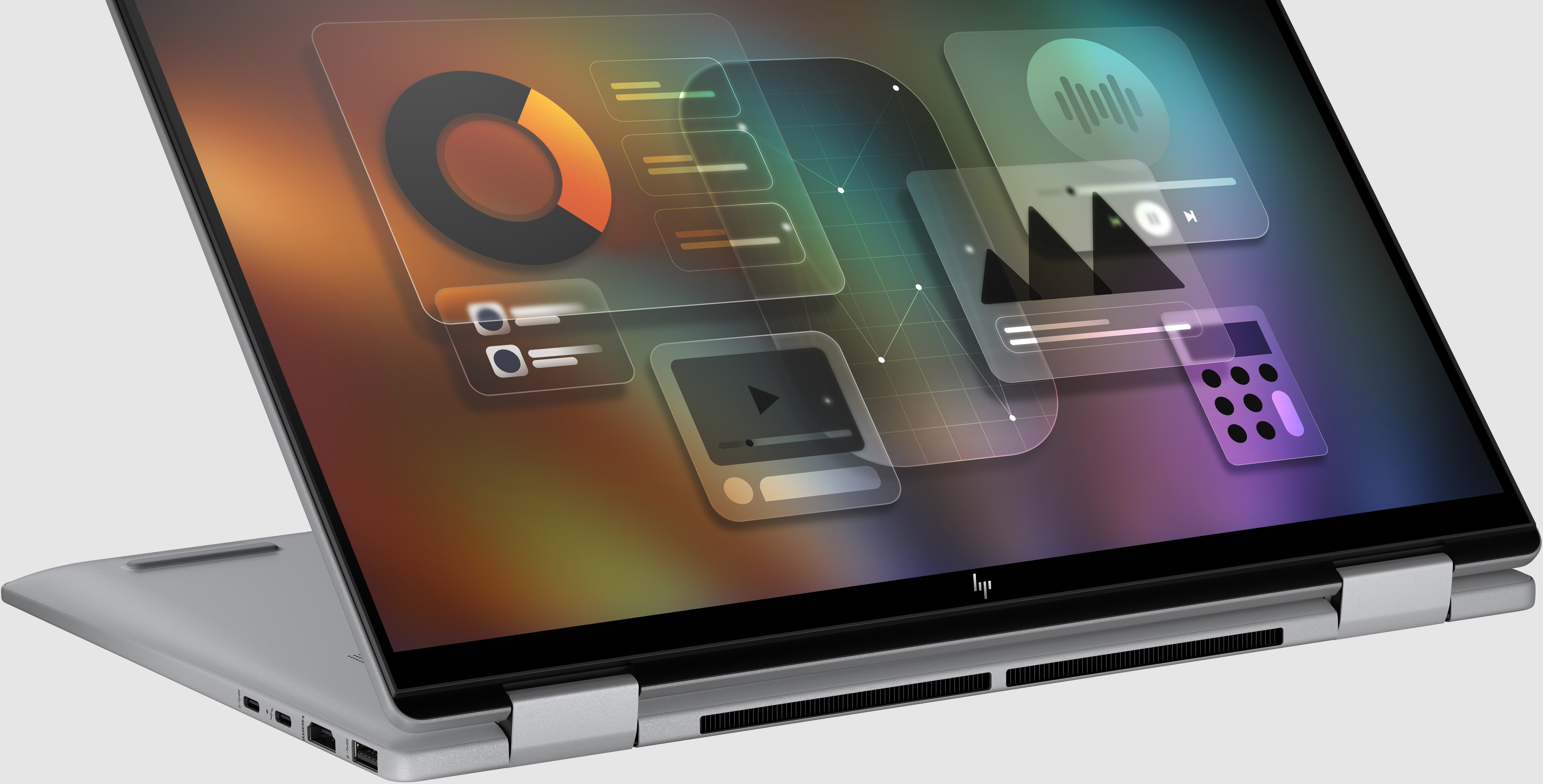 A laptop képernyője grafikonokat és adatokat jelenít meg. Fehér és színes grafika világos háttérrel.