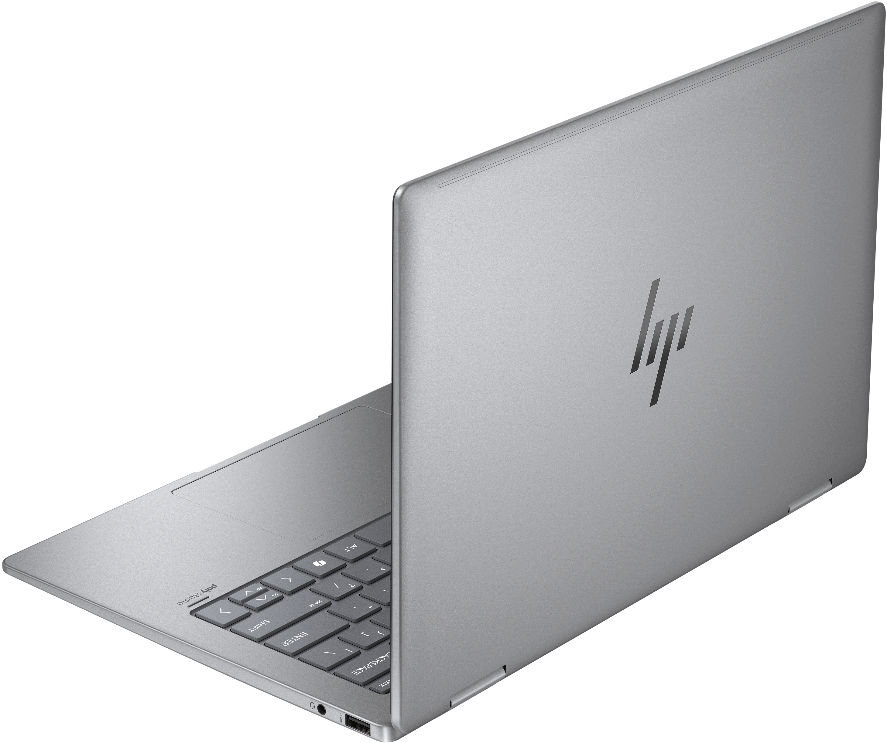 Ezüst laptop, a HP logóval a hátulján. Billentyűzet látható és nyitva.