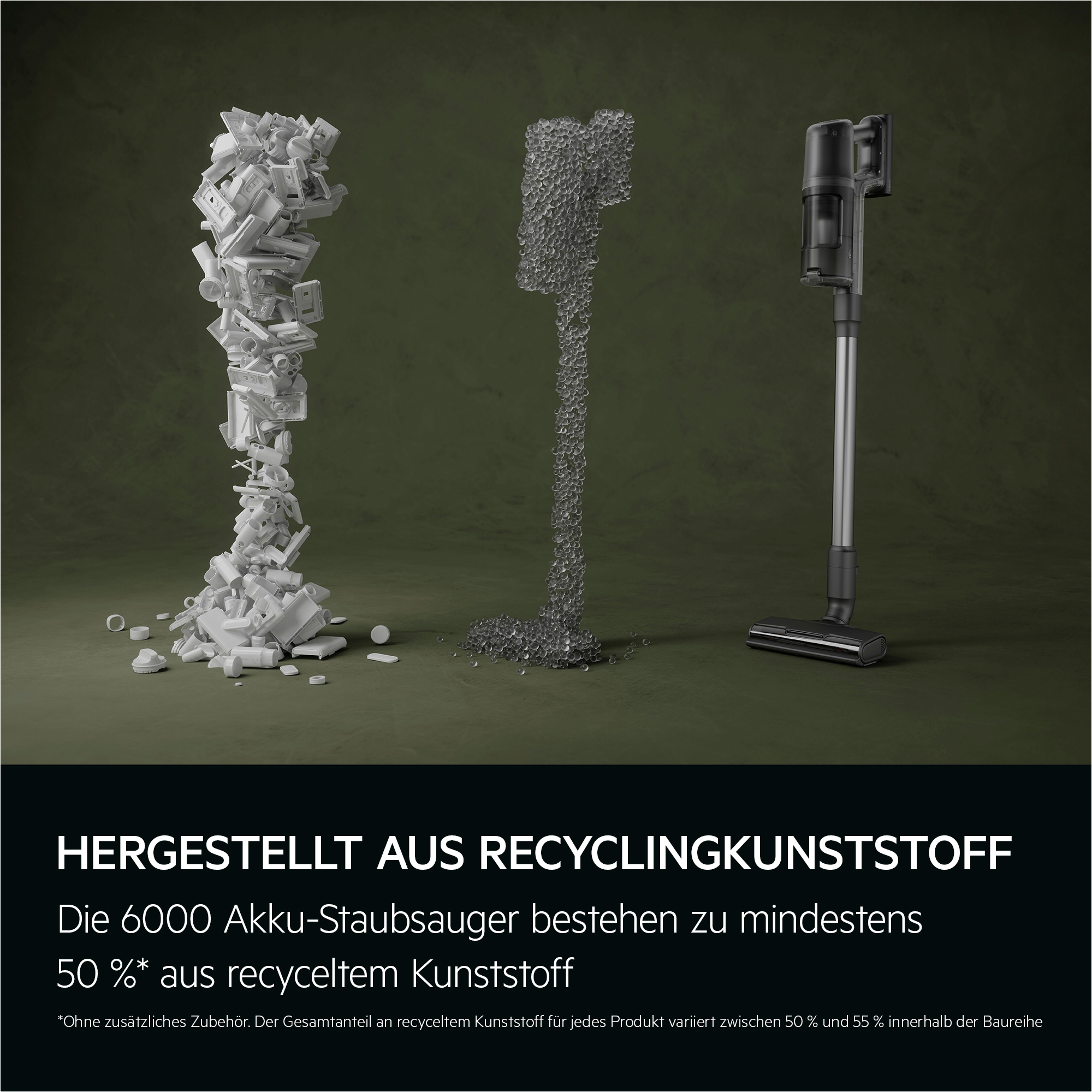 Staubsauger aus recyceltem Kunststoff, mit Text.