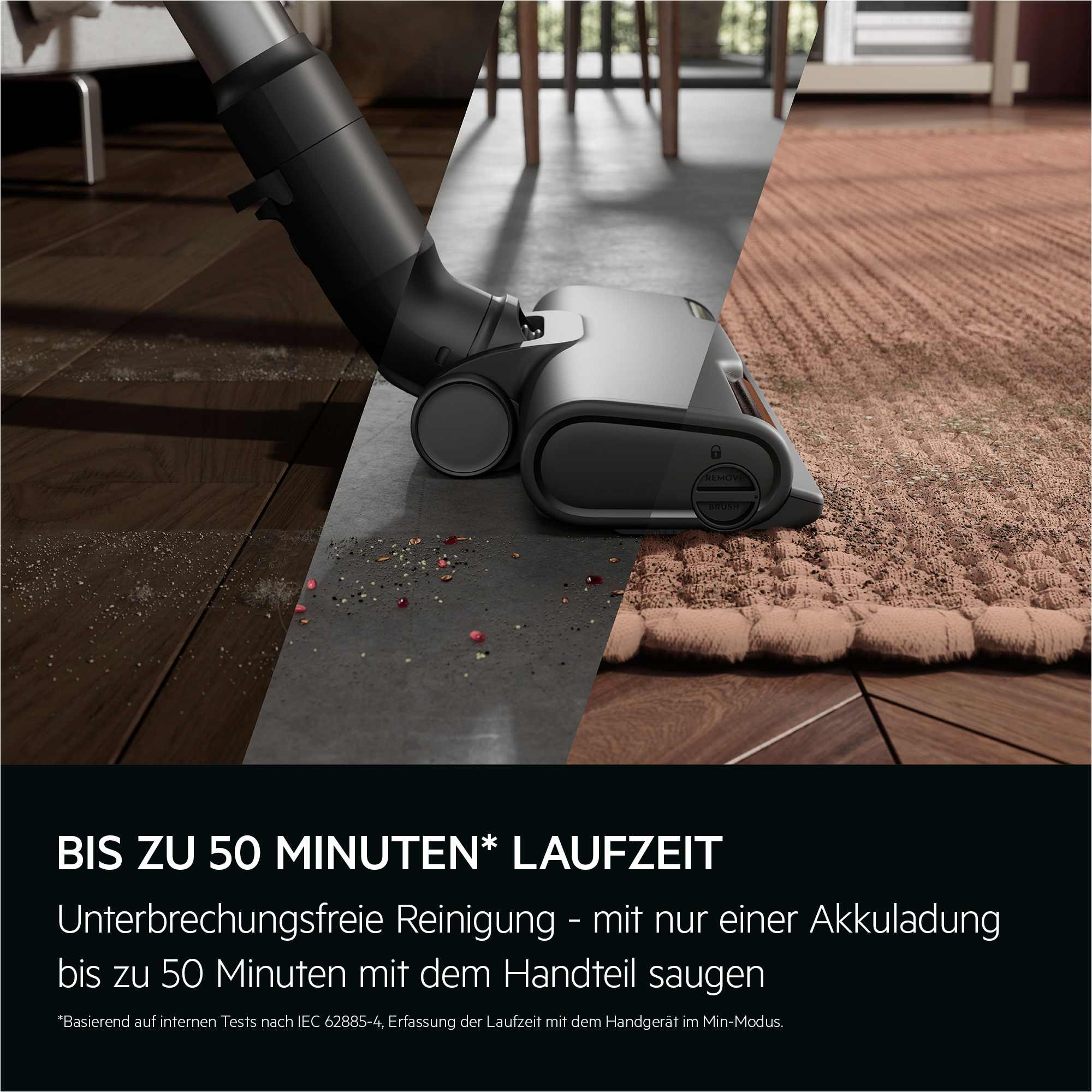 Staubsauger, der einen Teppich, Holzboden und grauen Boden reinigt, Text auf Deutsch.
