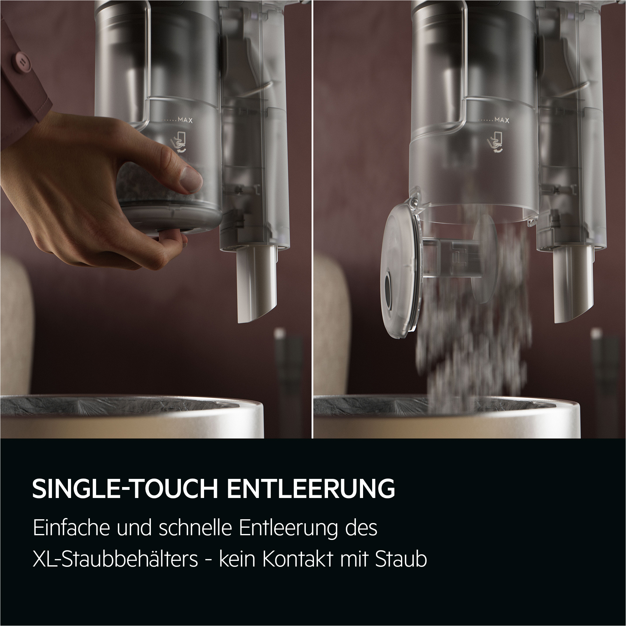 Zwei Bilder zeigen eine Hand, die einen Staubsauger entleert, was 'Single-Touch-Entleerung' demonstriert.