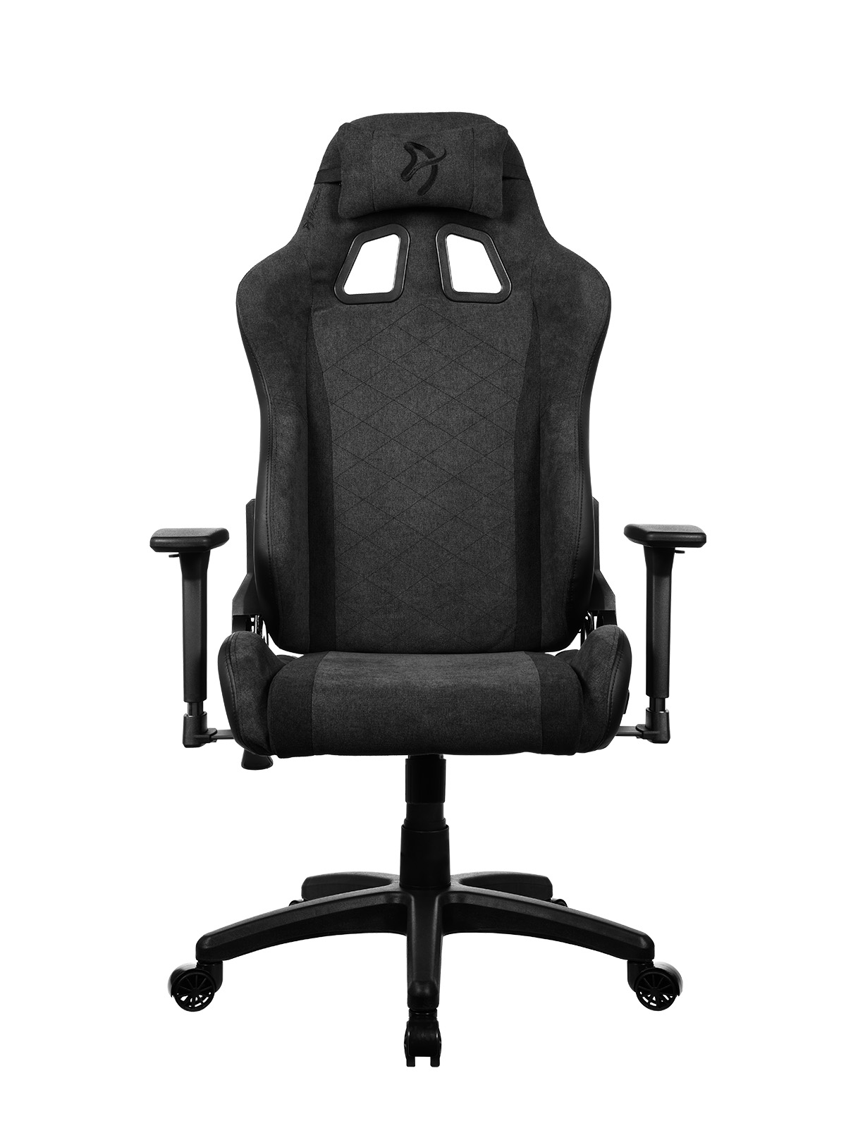 Schwarzer Gaming-Stuhl, Vorderansicht. Kopfstütze und Armlehnen sichtbar.