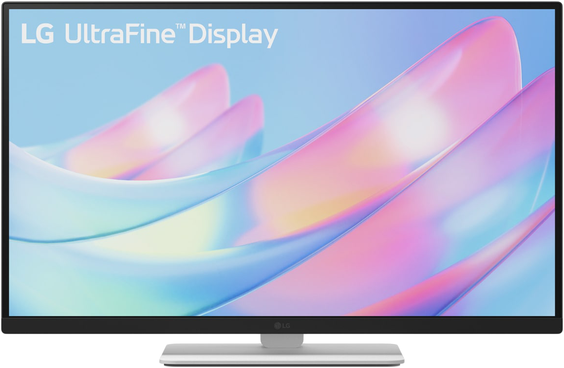 LG UltraFine kijelző. Fehér állvány, ívelt dizájn. Absztrakt, színes formák jelennek meg a képernyőn.