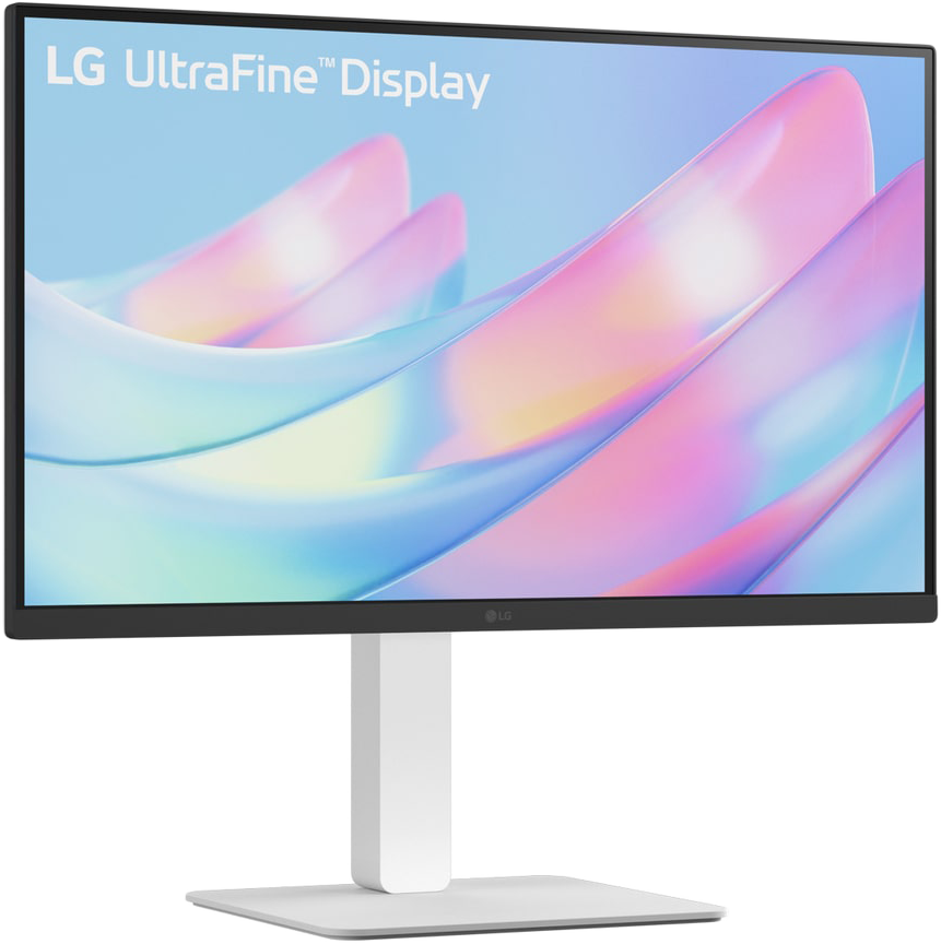 LG monitor, fehér állvány, fekete szegély, színes absztrakt háttérrel.