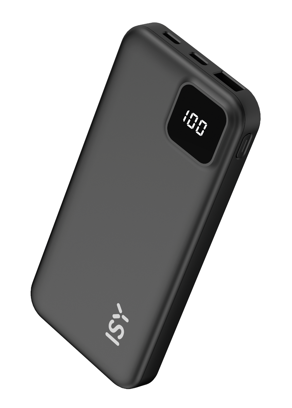 Czarny power bank z cyfrowym wyświetlaczem '100'. Marka 'ISY' widoczna na dole.