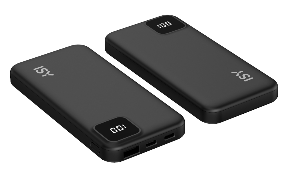 Dwa czarne powerbanki obok siebie, z cyfrowymi wyświetlaczami pokazującymi procent naładowania.