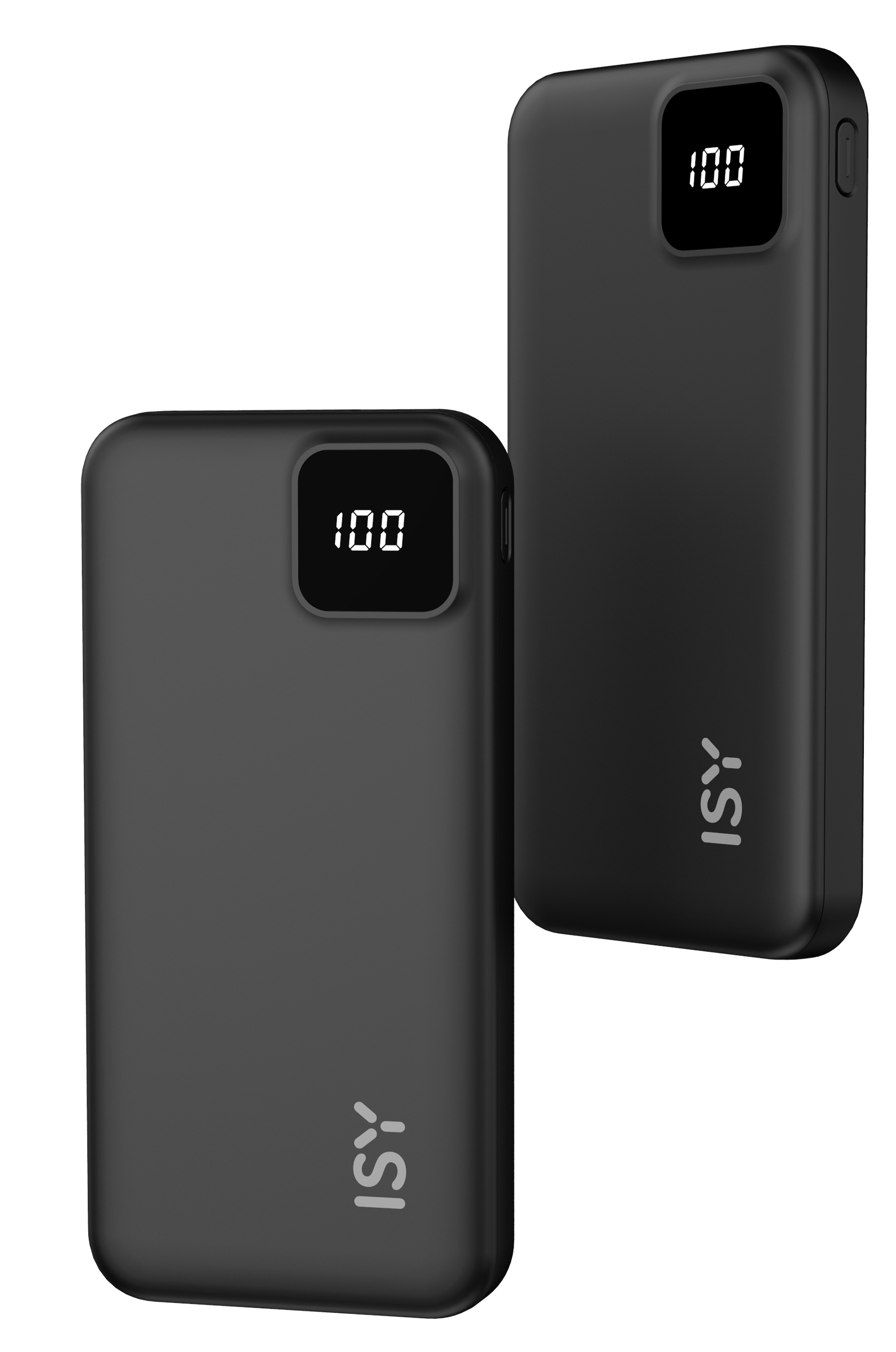 Dwa czarne power banki. Każdy ma ekran pokazujący 100, widoczne jest logo ISY.