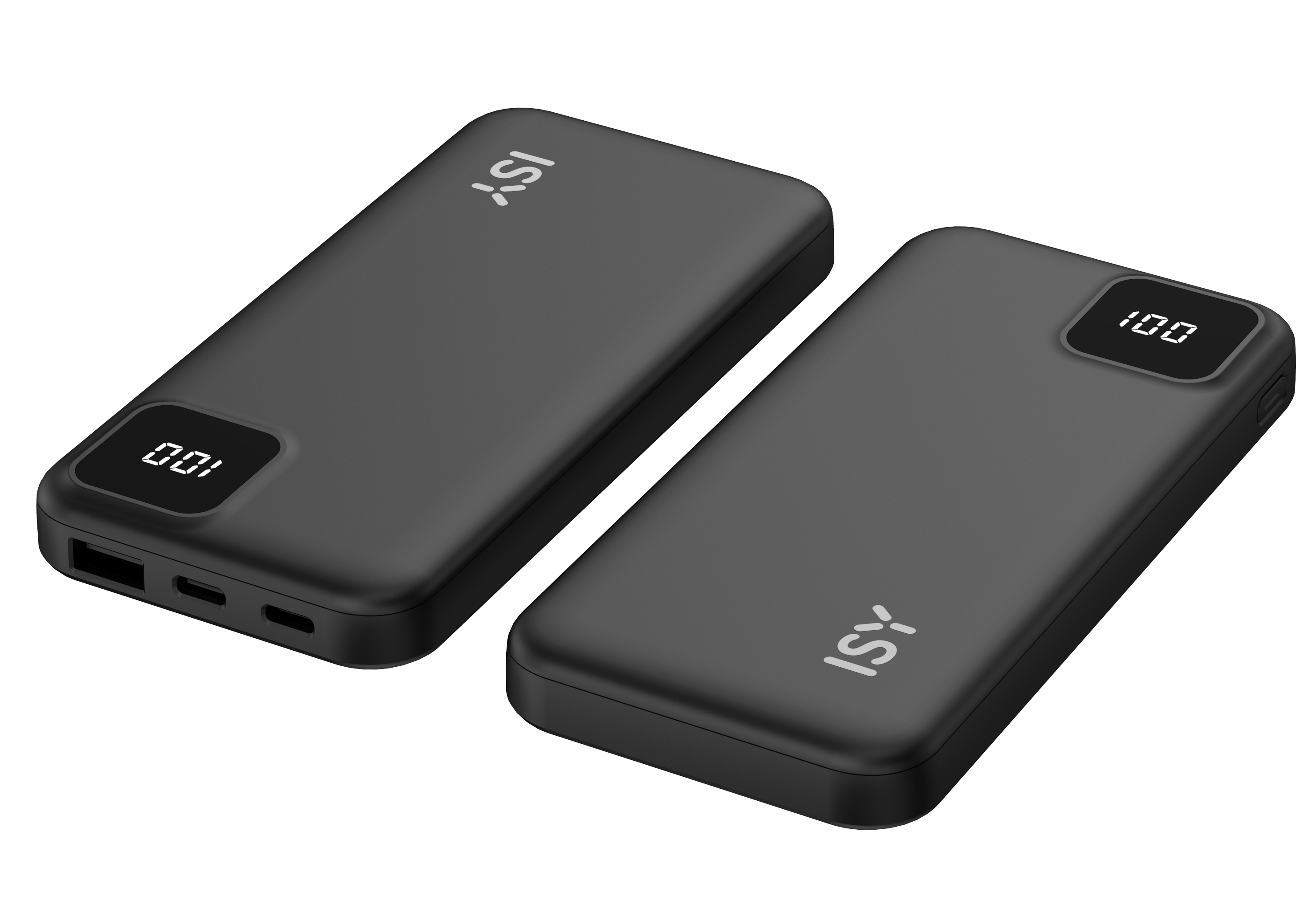 Dwa czarne power banki ISY z cyfrowym wyświetlaczem pokazującym '100' na białym tle.