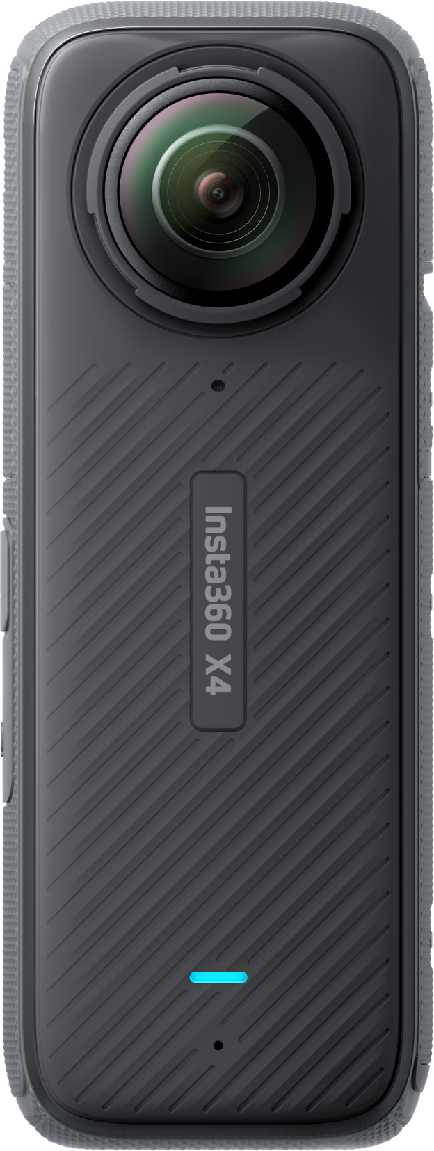 Caméra Insta360 X4. Caméra noire, cylindrique avec un objectif des deux côtés.