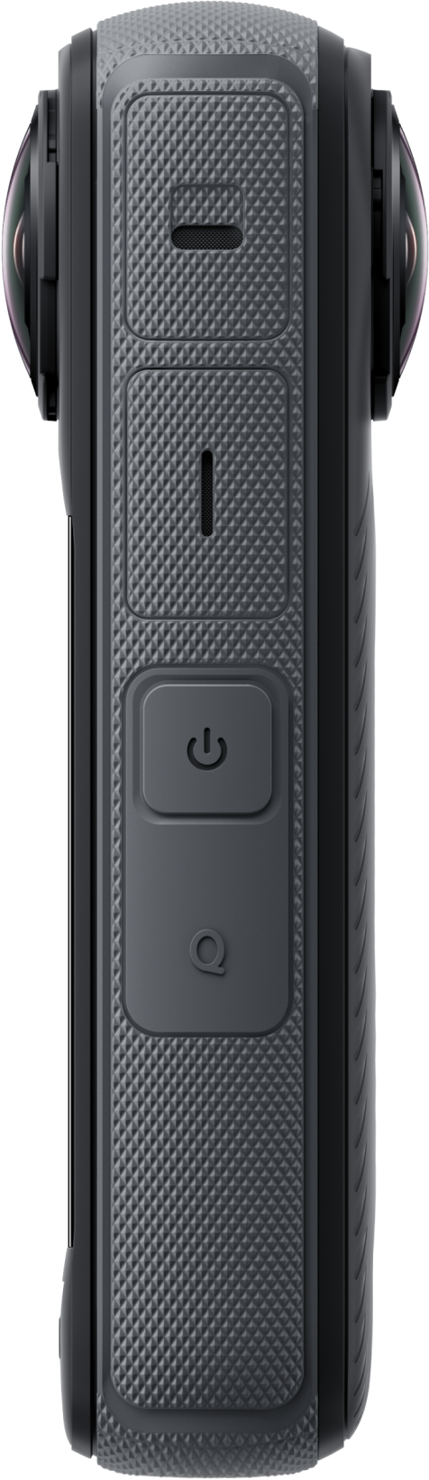 Vue latérale d'une caméra Insta360, montrant les boutons et les ports.