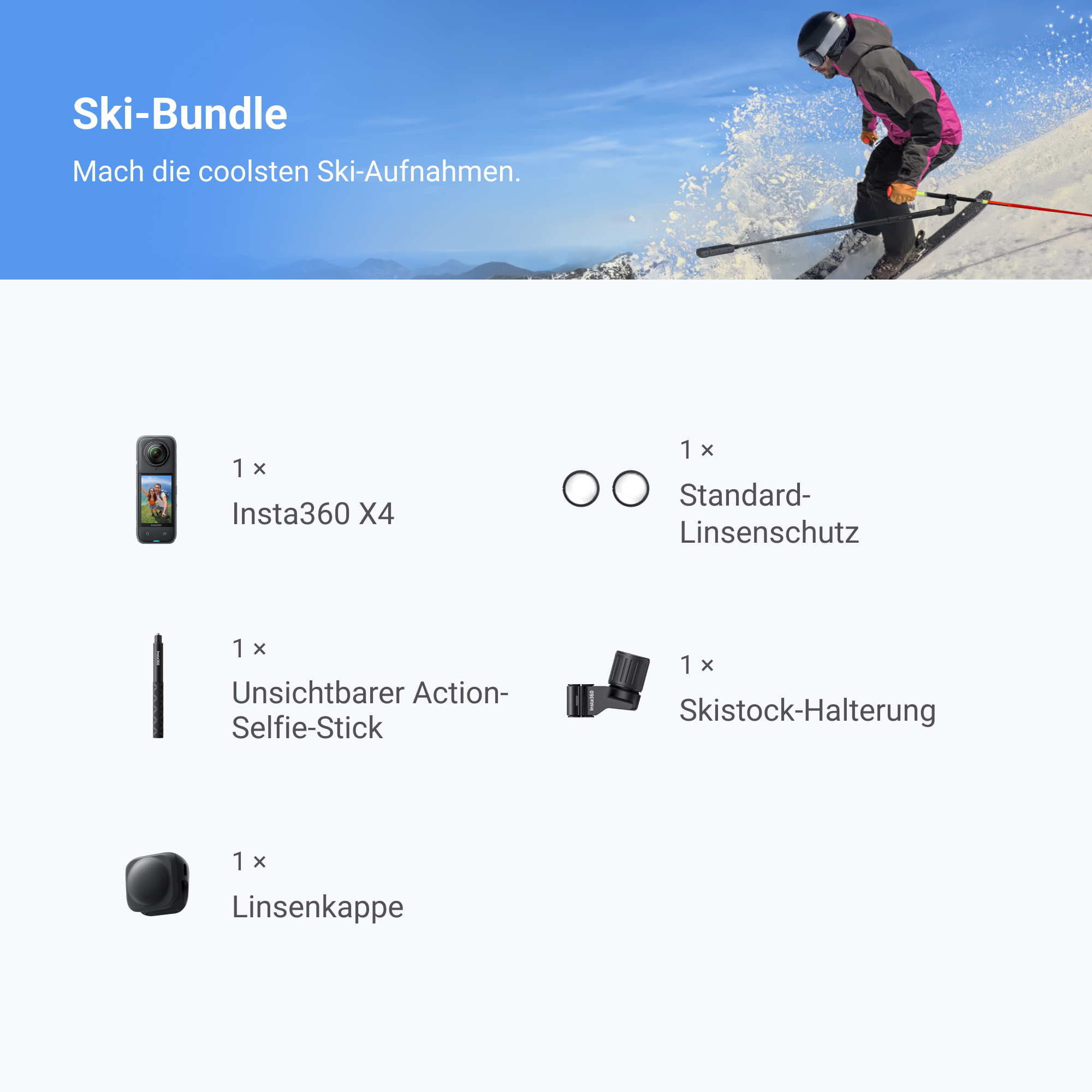 Publicité pour le pack ski. Skieur sur montagne enneigée en arrière-plan, avec caméra et accessoires.