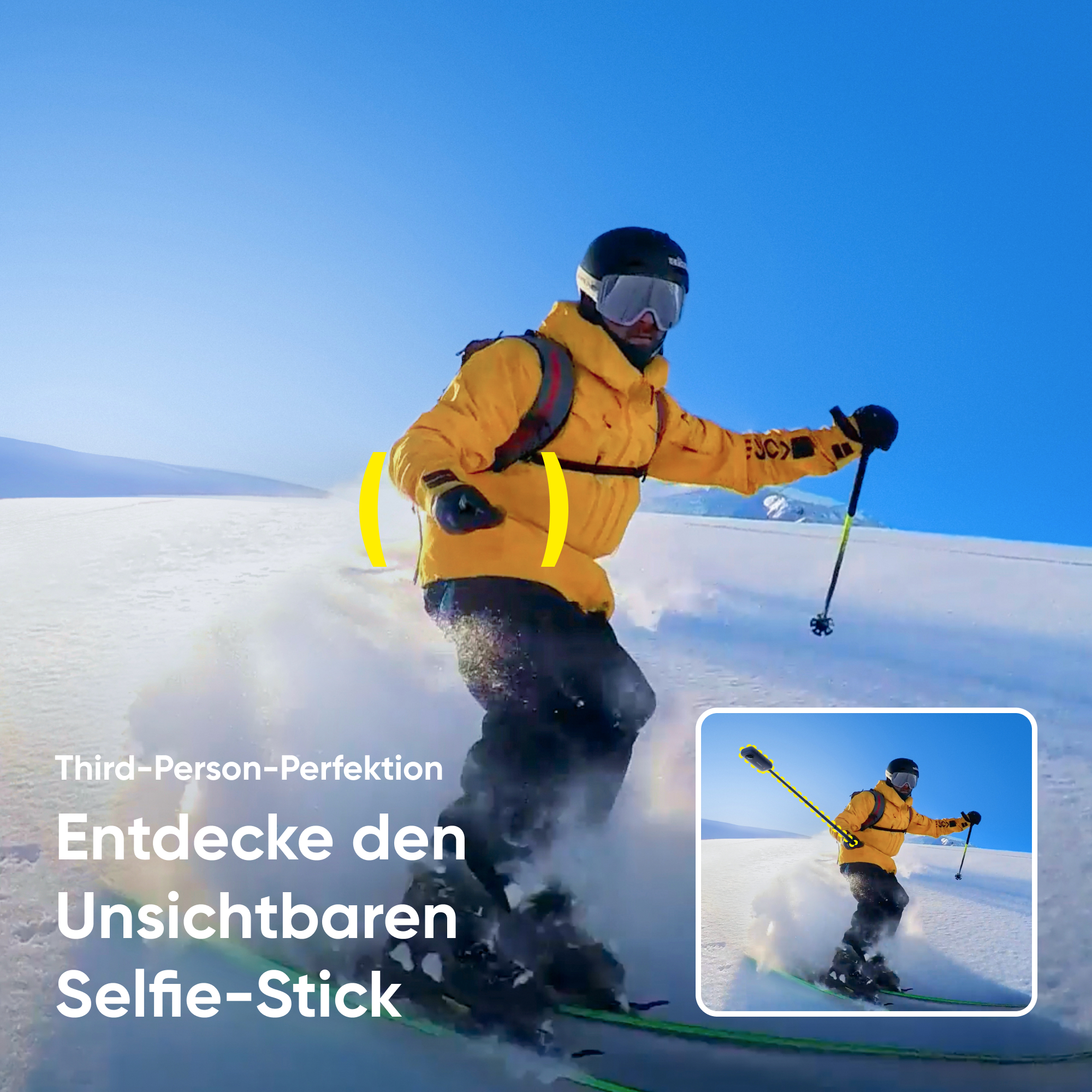 Un skieur sur une pente enneigée, avec une petite image encastrée du skieur.