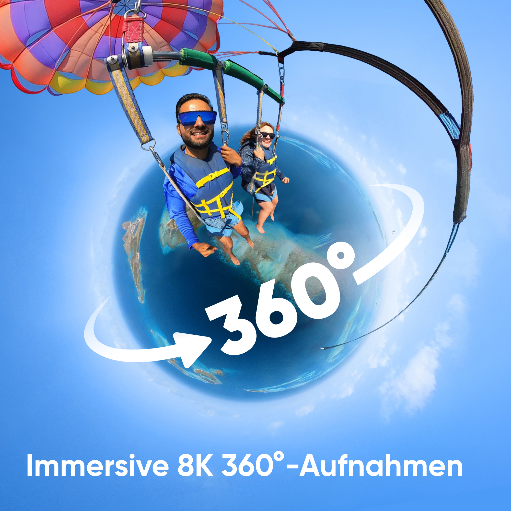 Des personnes faisant du parachute ascensionnel au-dessus d'un globe avec un graphique à 360°.