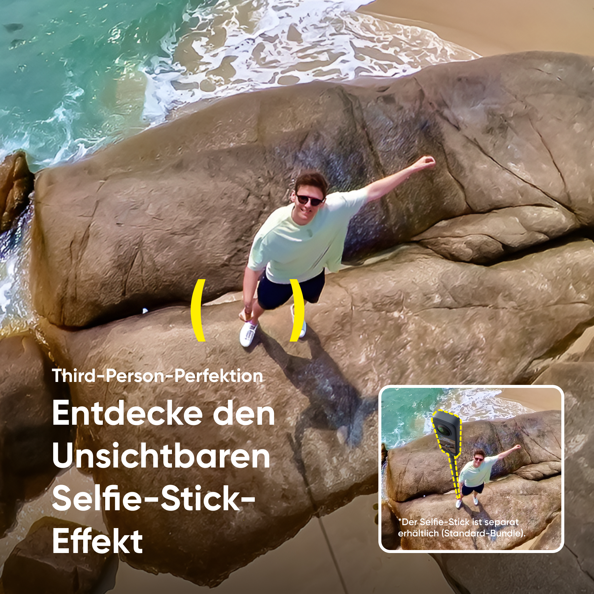 Homme sur des rochers les bras levés, utilisant une perche à selfie, avec une image montrant l'effet.