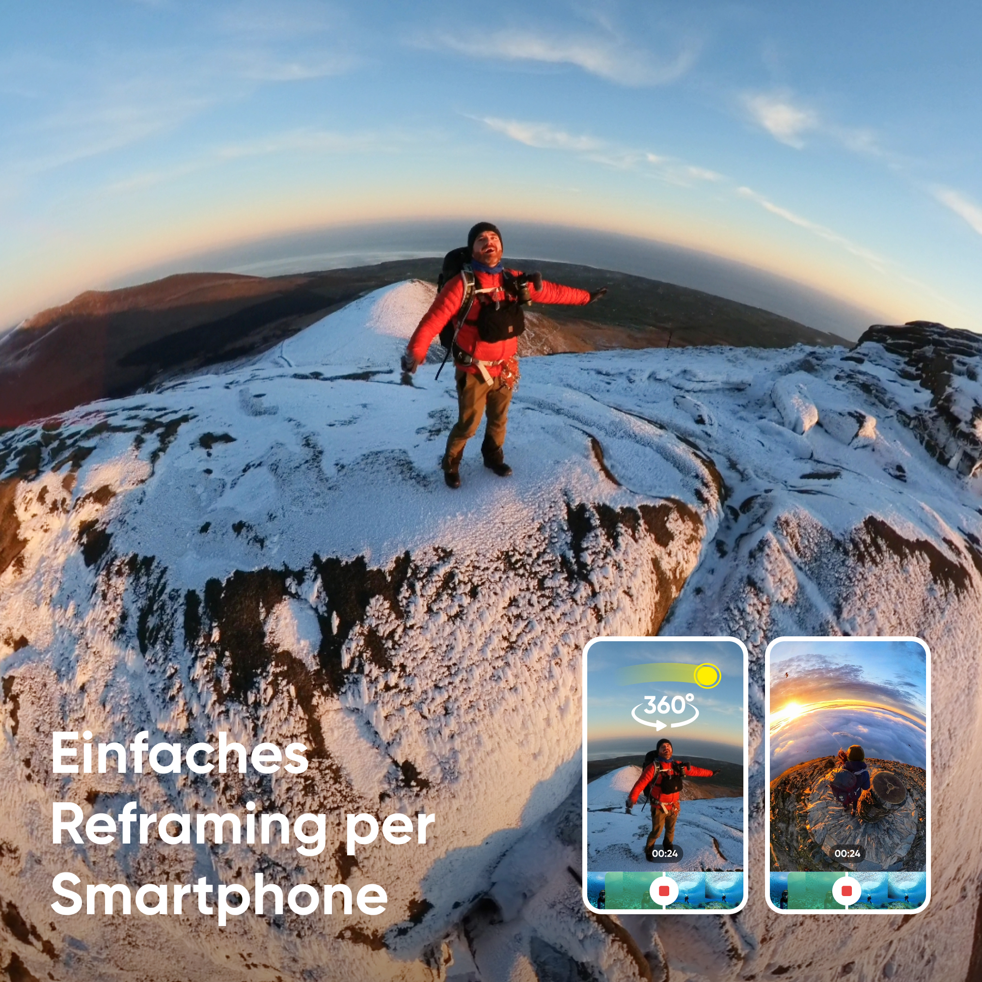 Homme sur sommet enneigé, avec écrans de téléphone montrant vue à 360° et recadrage.