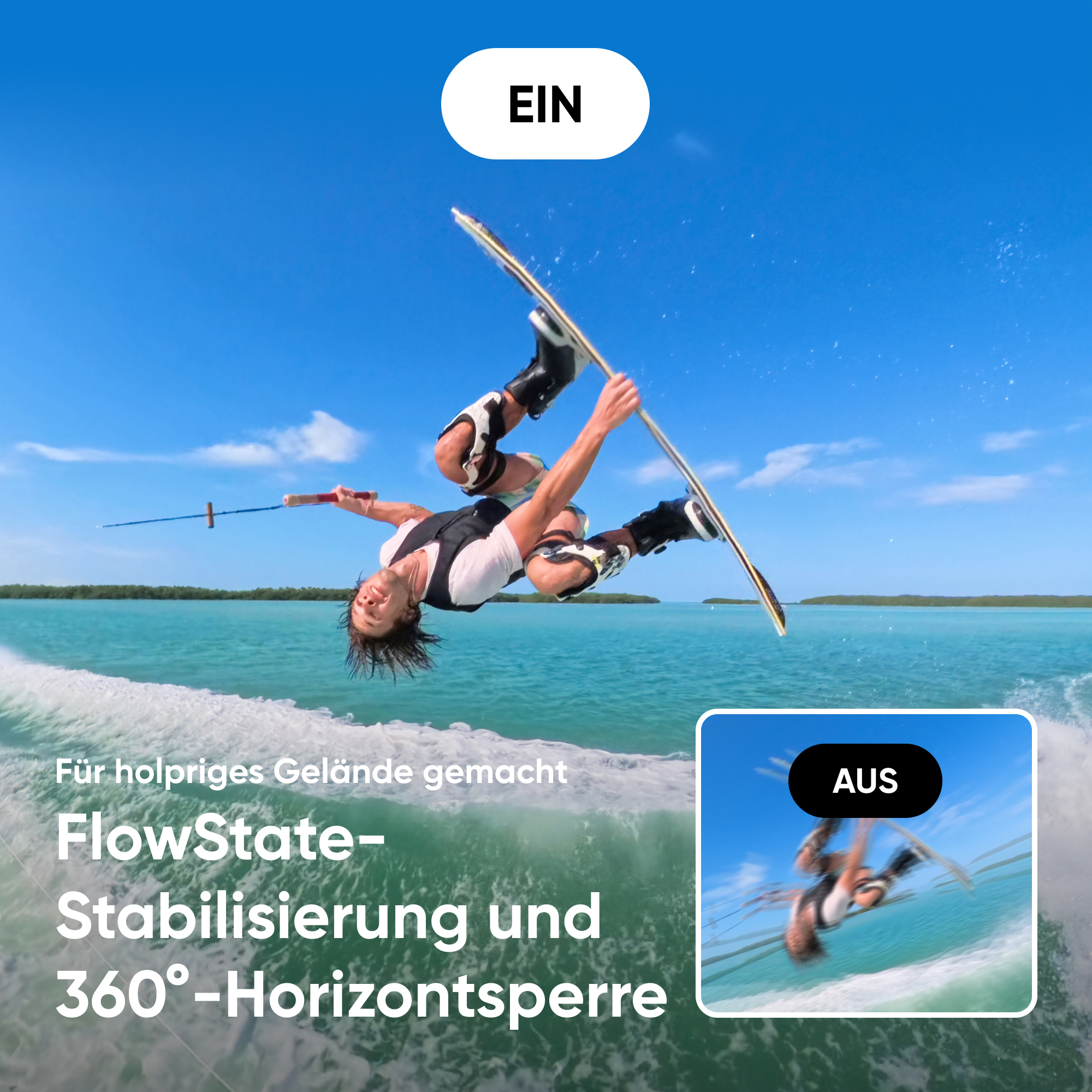 Un wakeboarder en l'air, effectuant une figure au-dessus de l'eau. Le ciel est bleu, l'eau turquoise, le texte est en allemand.