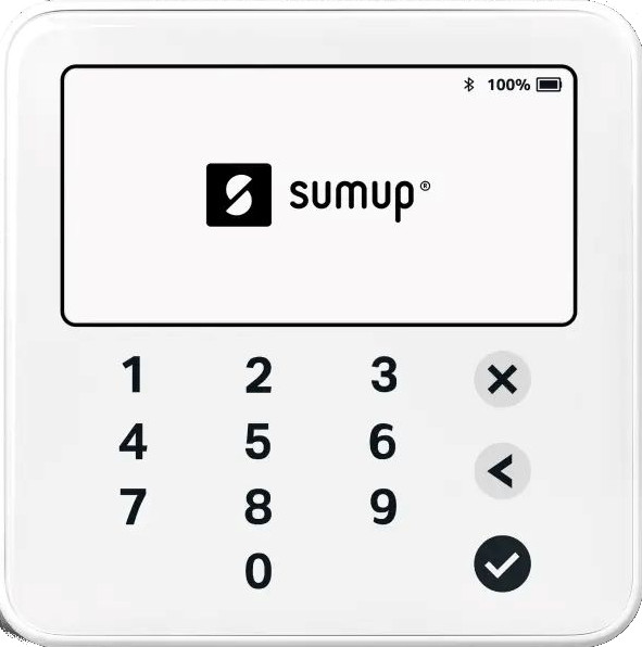 Weißes SumUp-Zahlungsterminal. Bildschirm zeigt Logo und Akku. Zahlen und Tasten darunter.