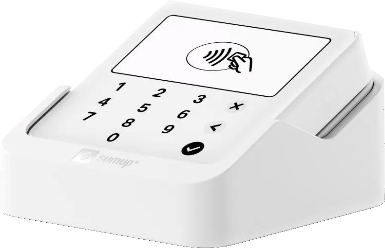 Weißes Zahlungsterminal. Es hat eine Tastatur, einen Bildschirm mit einem Symbol für kontaktloses Bezahlen.