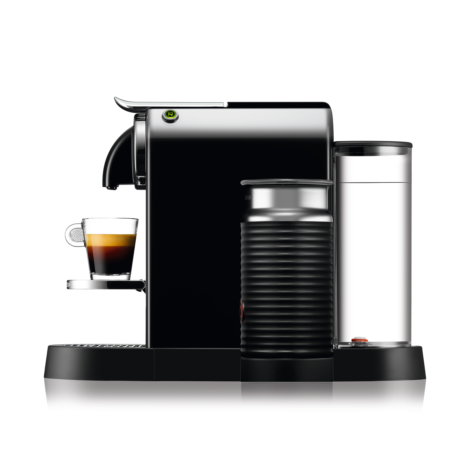 Black Nespresso machine with a coffee cup and milk frother. White background. Black glossy.