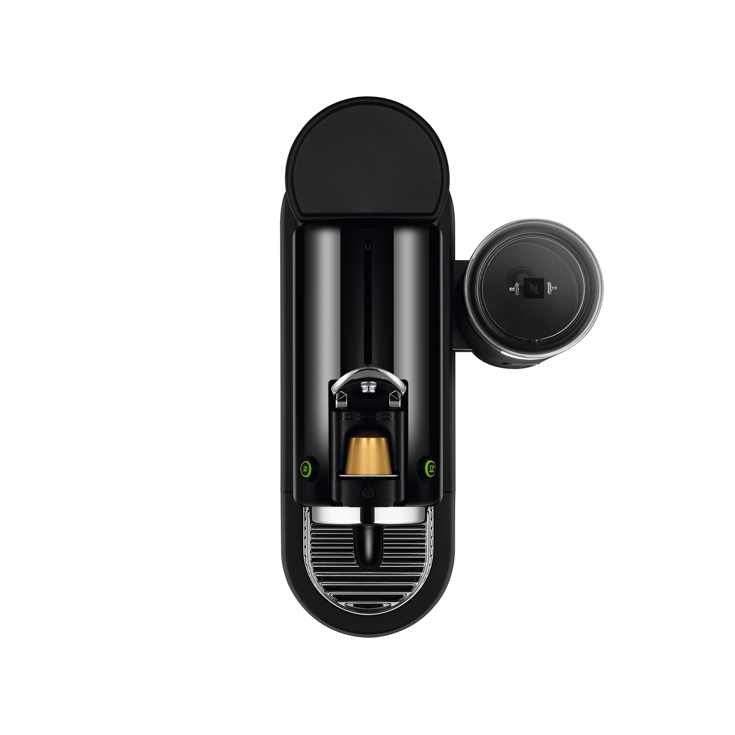 Black coffee machine with a coffee pod. Background: white.