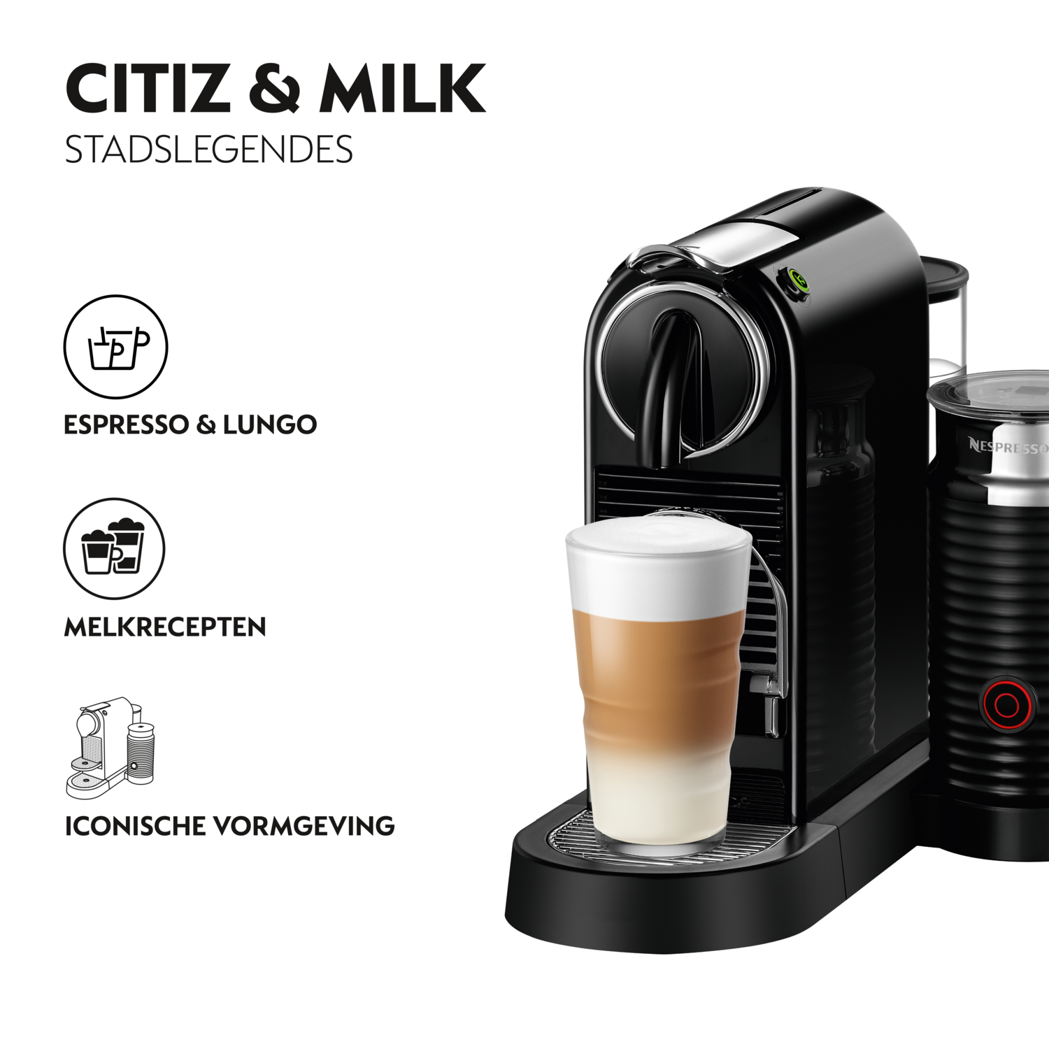 A black coffee machine with a milk frother. A glass of latte is under the machine.