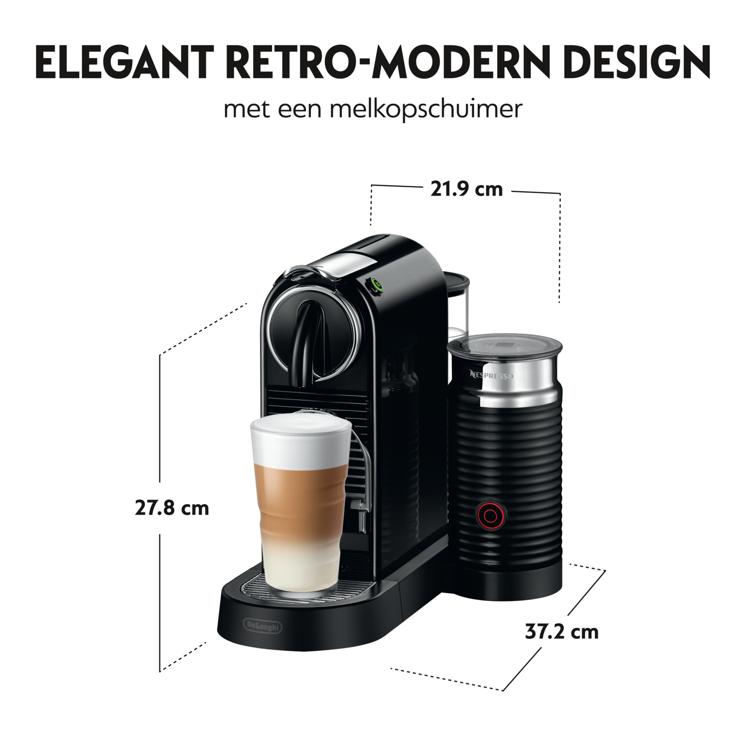 Black Nespresso coffee machine with a milk frother, dimensions labeled.