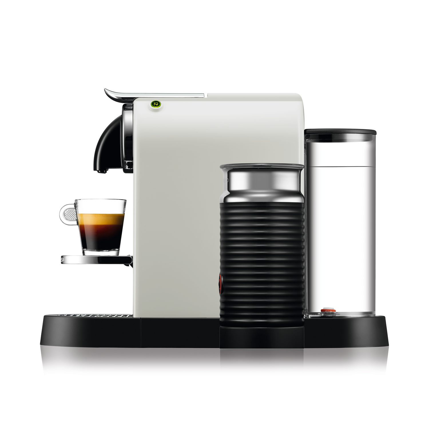White coffee machine with a cup and other accessories on a black base.