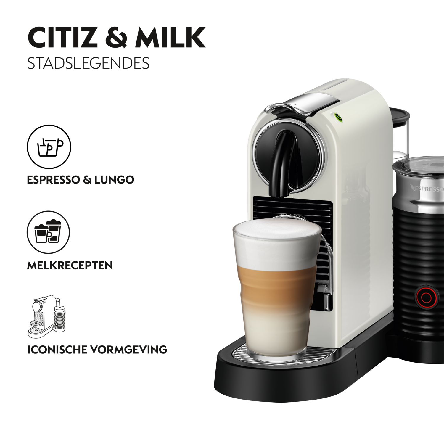 Nespresso Citiz & Milk coffee machine with a milk frother and a glass of latte, on a white background.