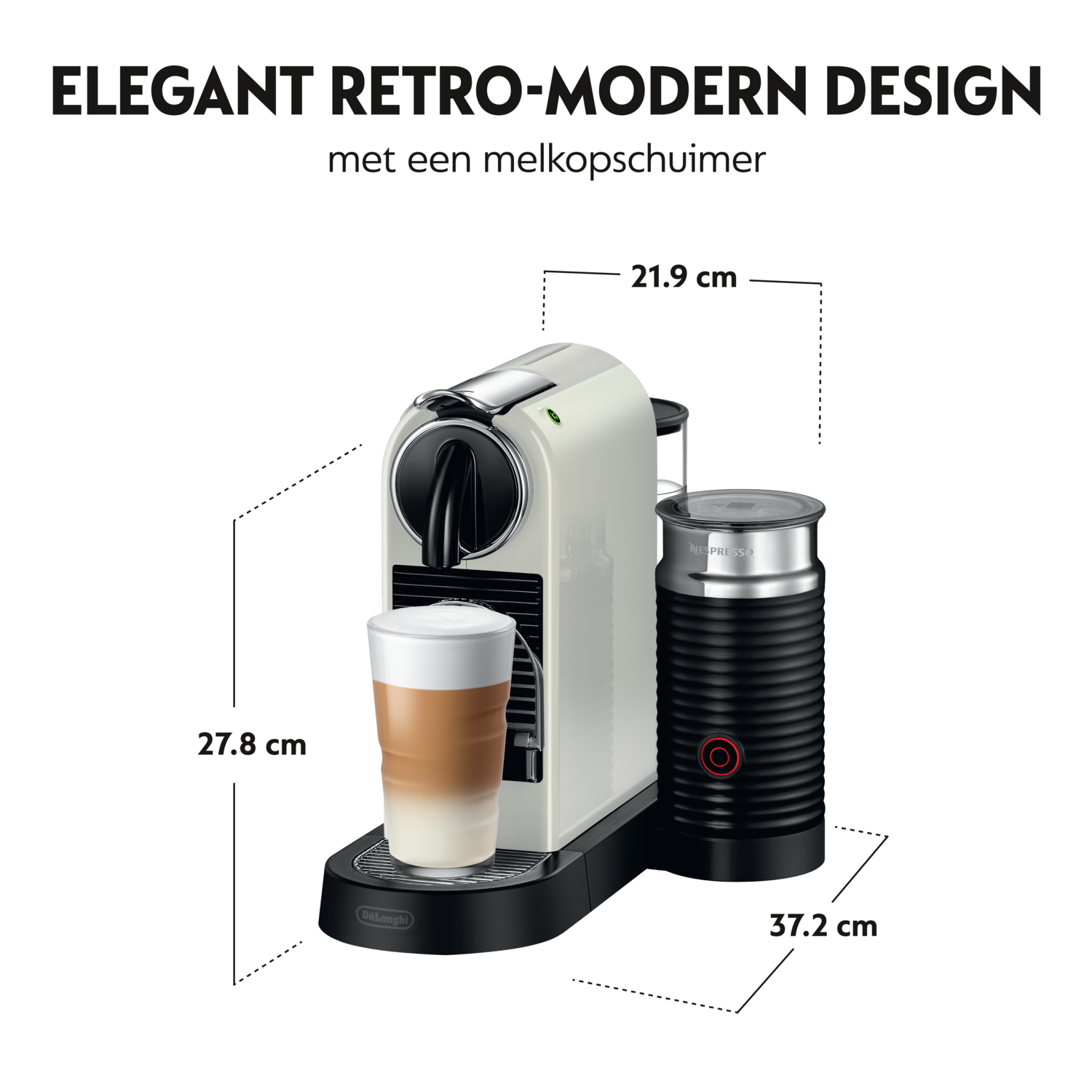 A white espresso machine with a milk frother next to a latte glass, with dimensions.