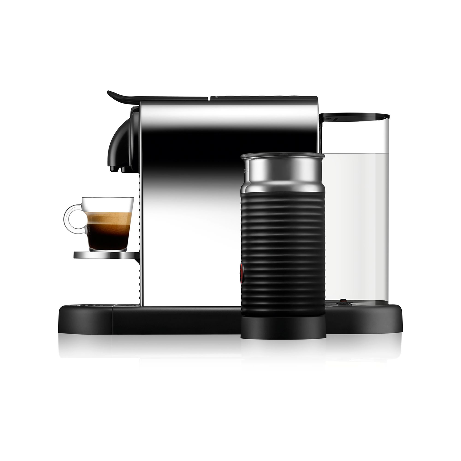 Coffee machine with a cup of espresso, milk frother, and a glass of milk.