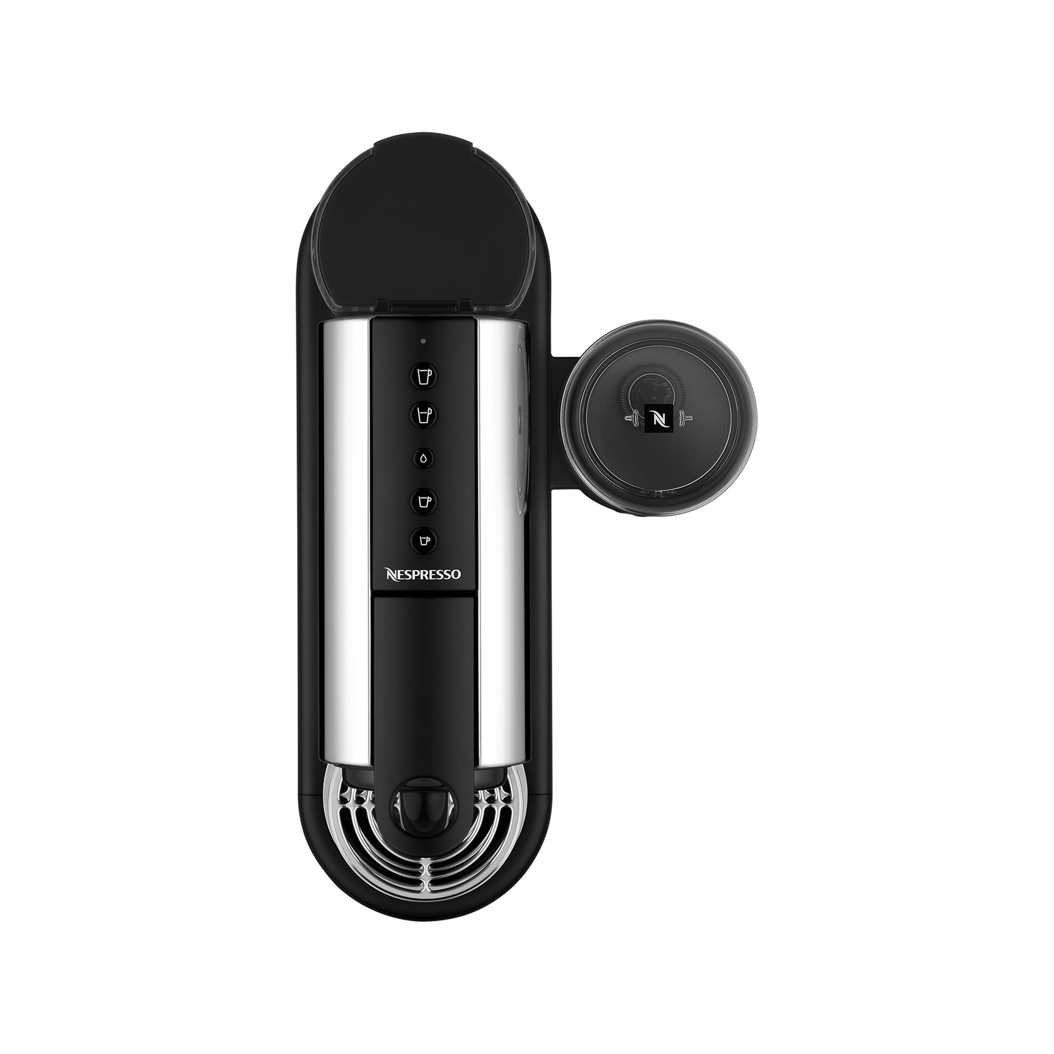 Black Nespresso machine with chrome details.