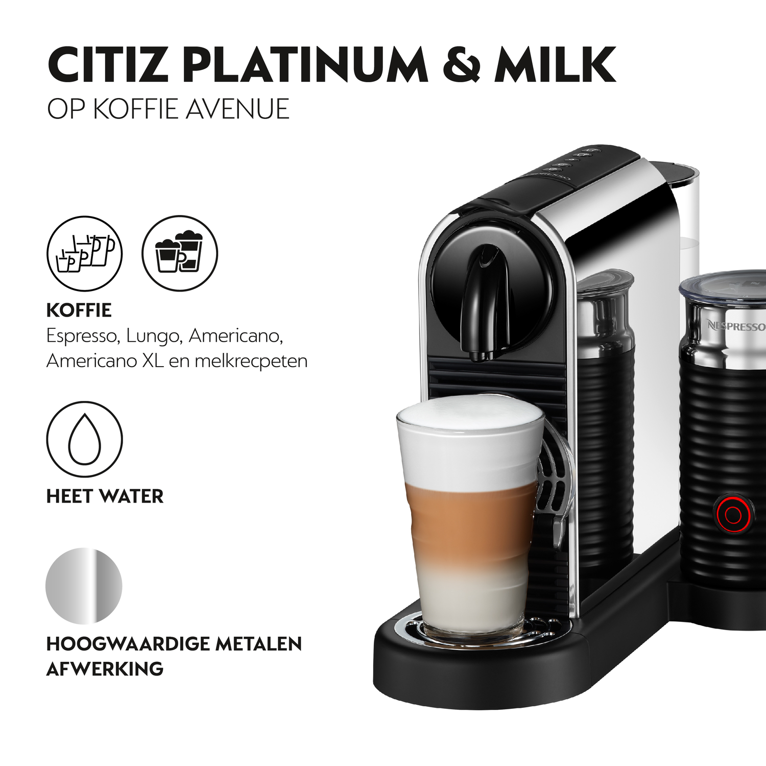A silver espresso machine with a milk frother, next to a latte glass, with icons.