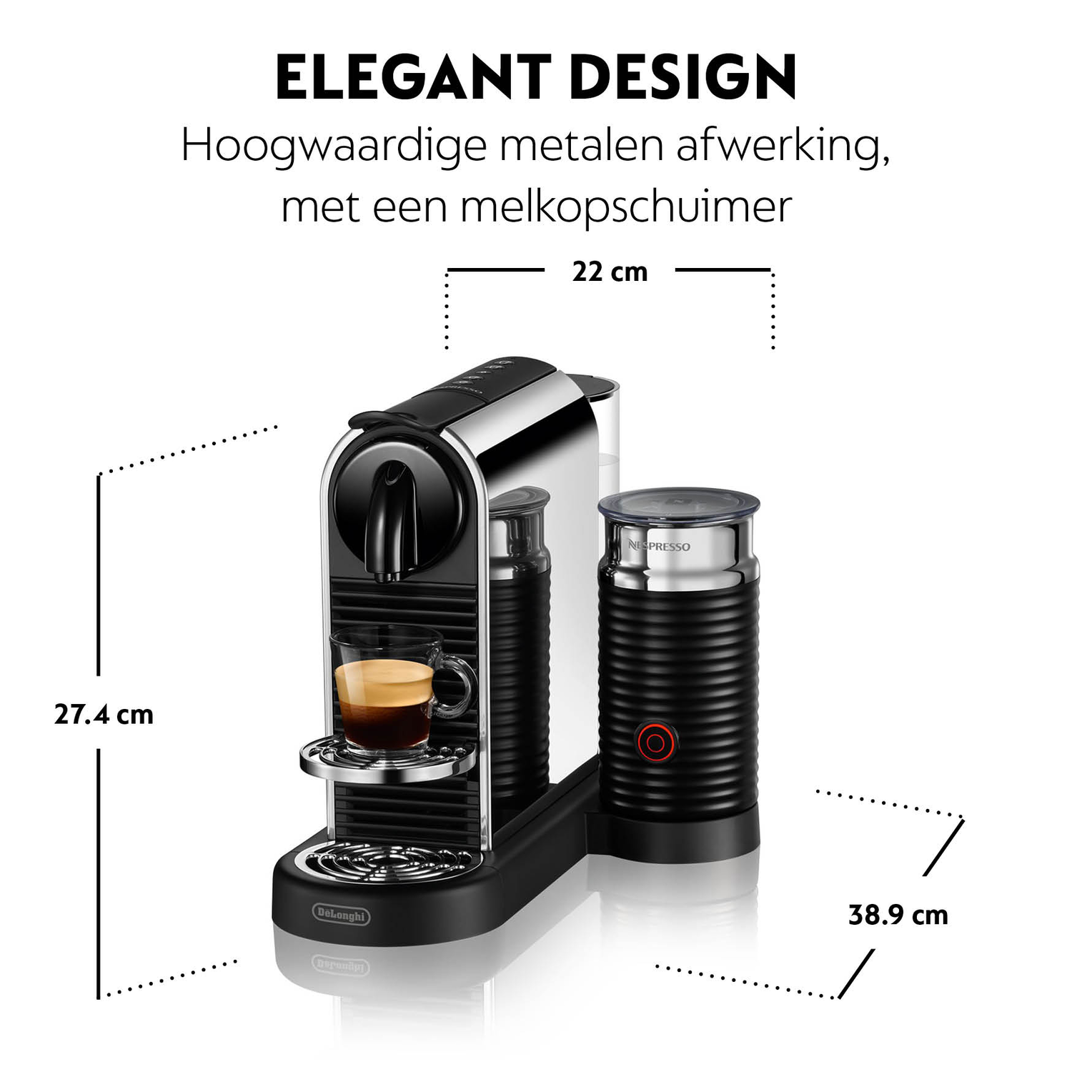 Nespresso coffee machine with a milk frother, cup with coffee, and dimensions.