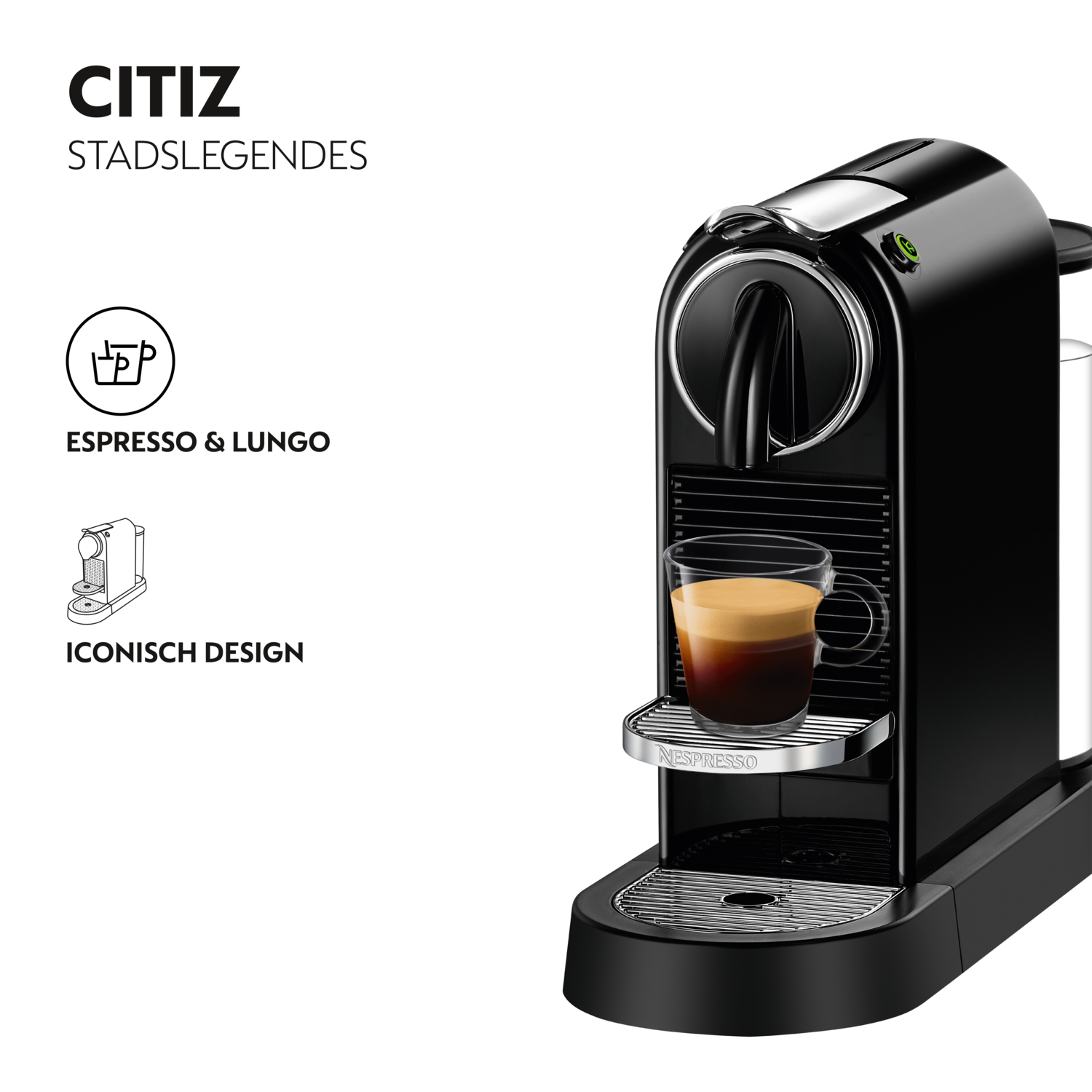 Zwarte Nespresso machine met een kopje koffie en iconen links.