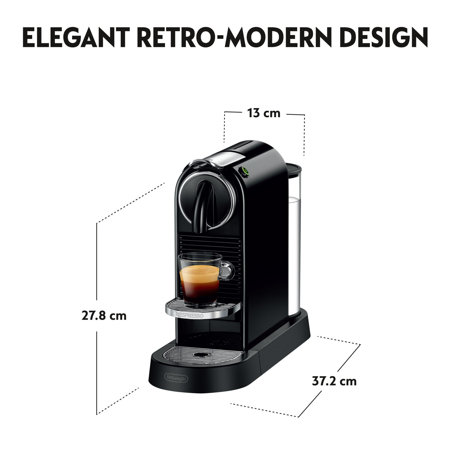 Zwarte espressomachine met glas, afmetingen op witte achtergrond.