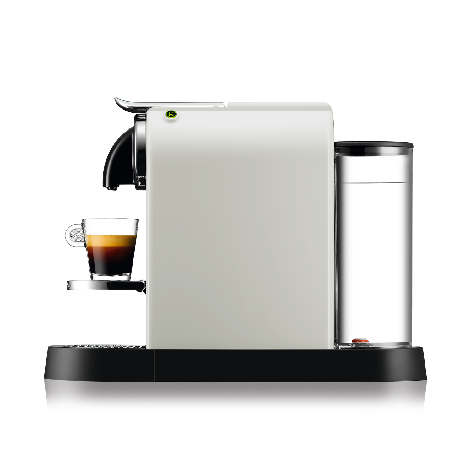 Chrome and black Delonghi Nespresso machine.