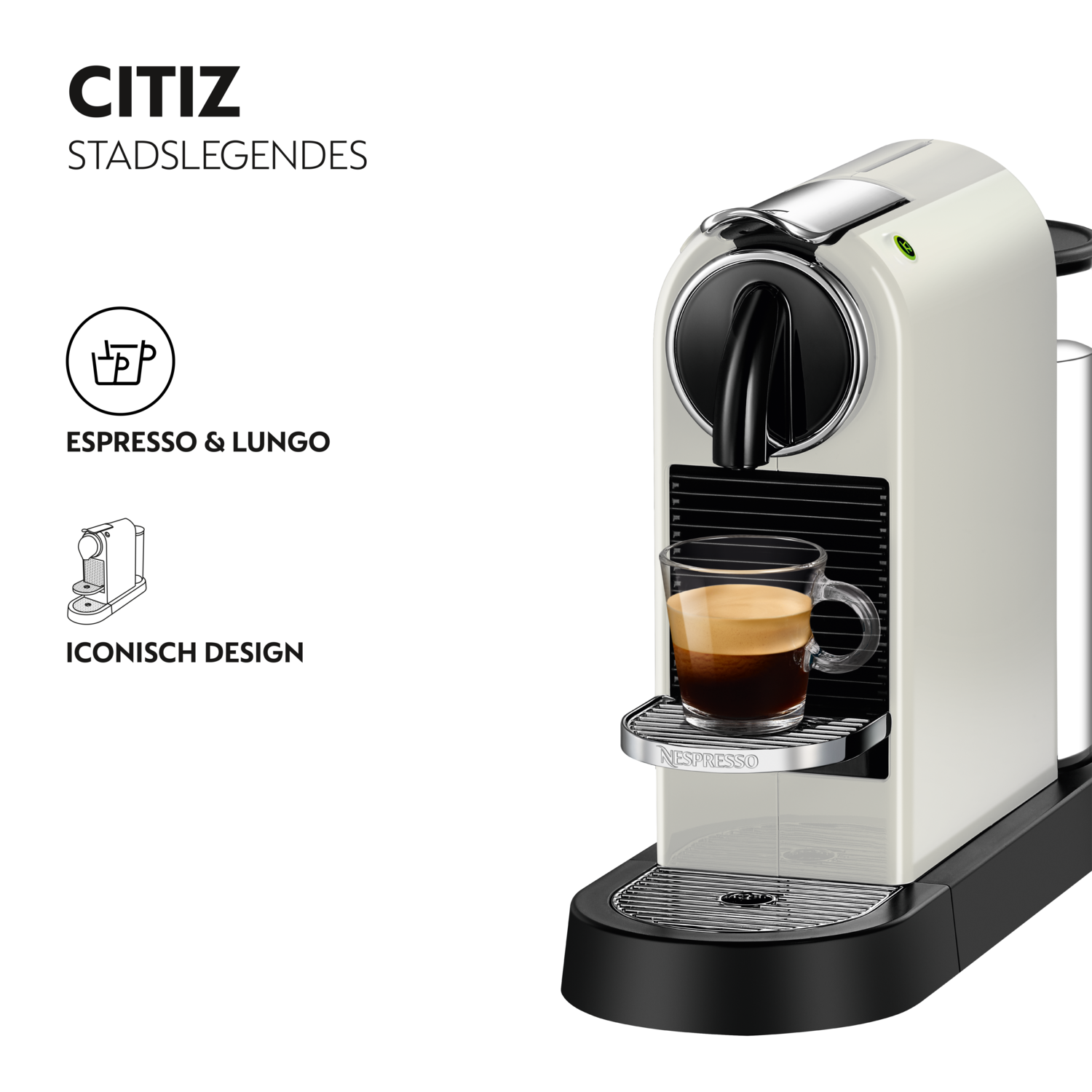 A white coffee maker with a glass cup of coffee on the front.
