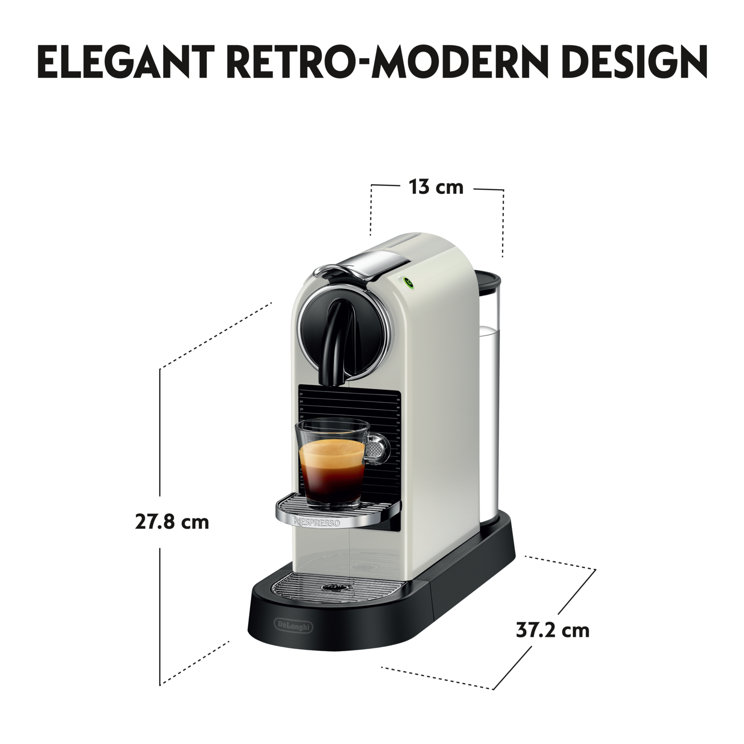 White coffee machine with measurements. Text: Elegant retro-modern design. A cup of coffee is inside.