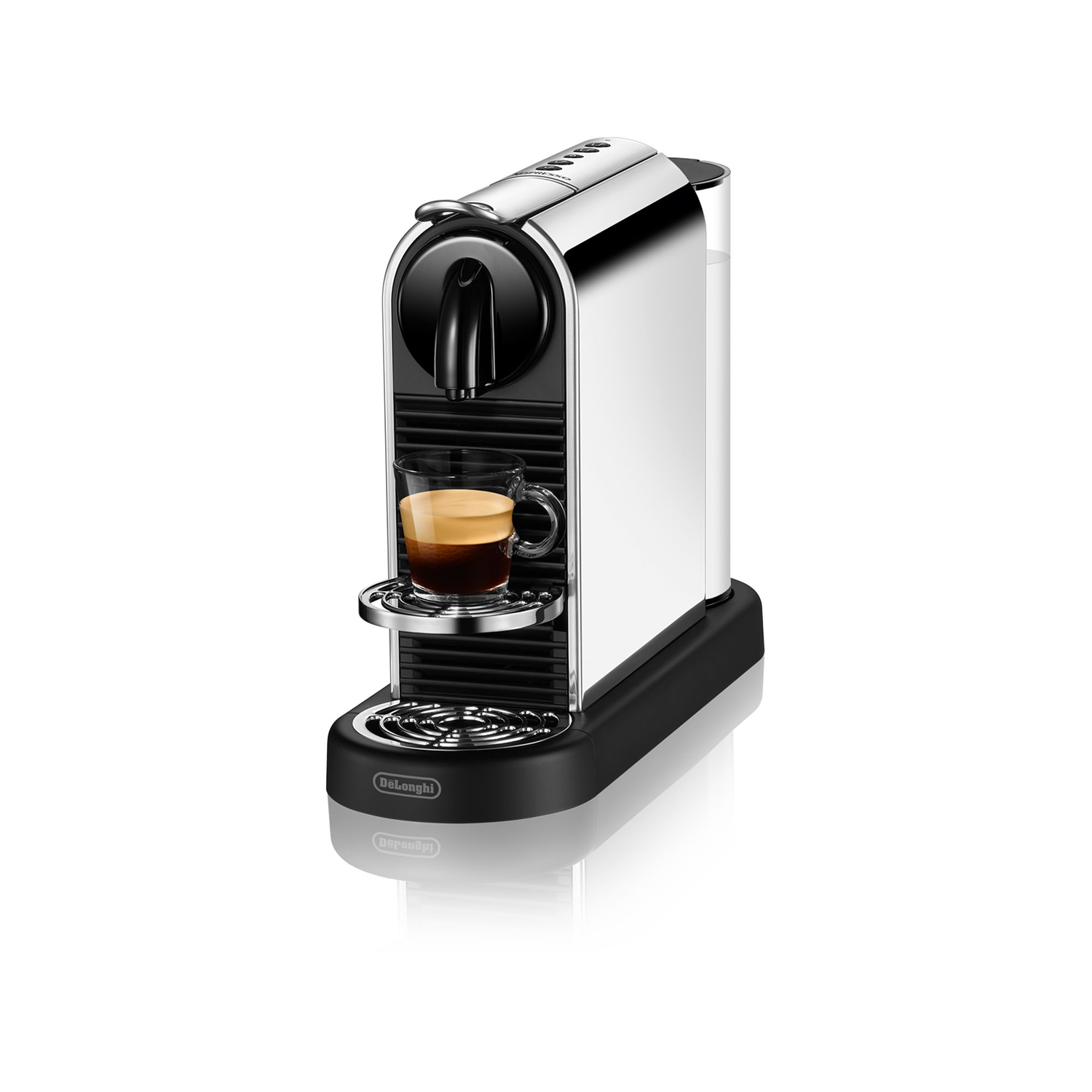 A silver and black DeLonghi coffee machine with a glass of coffee on a white background.