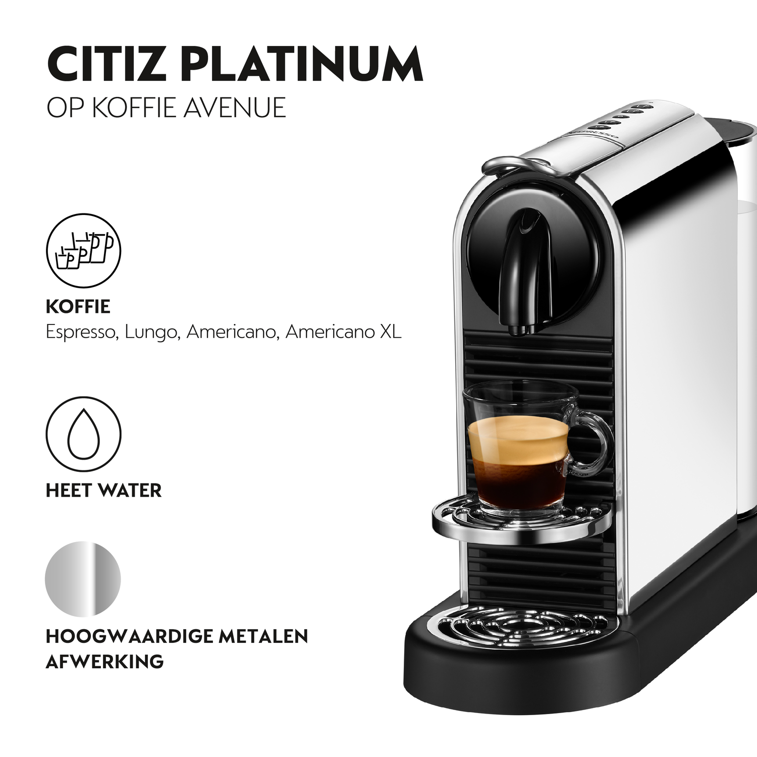 Silver Nespresso coffee machine with a glass of coffee.